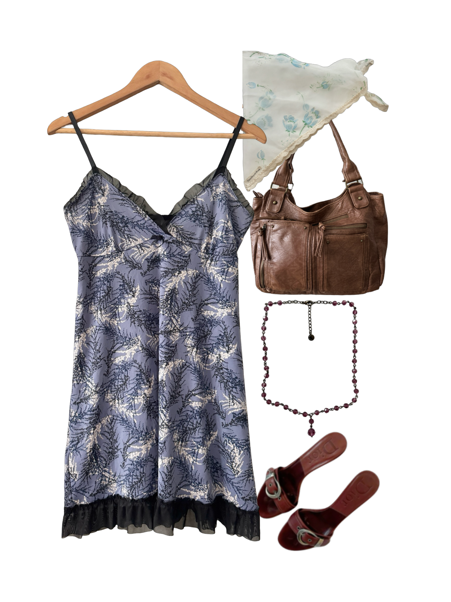 Vintage Y2K Blue Botanical Ruffle Slip Dress (M)
