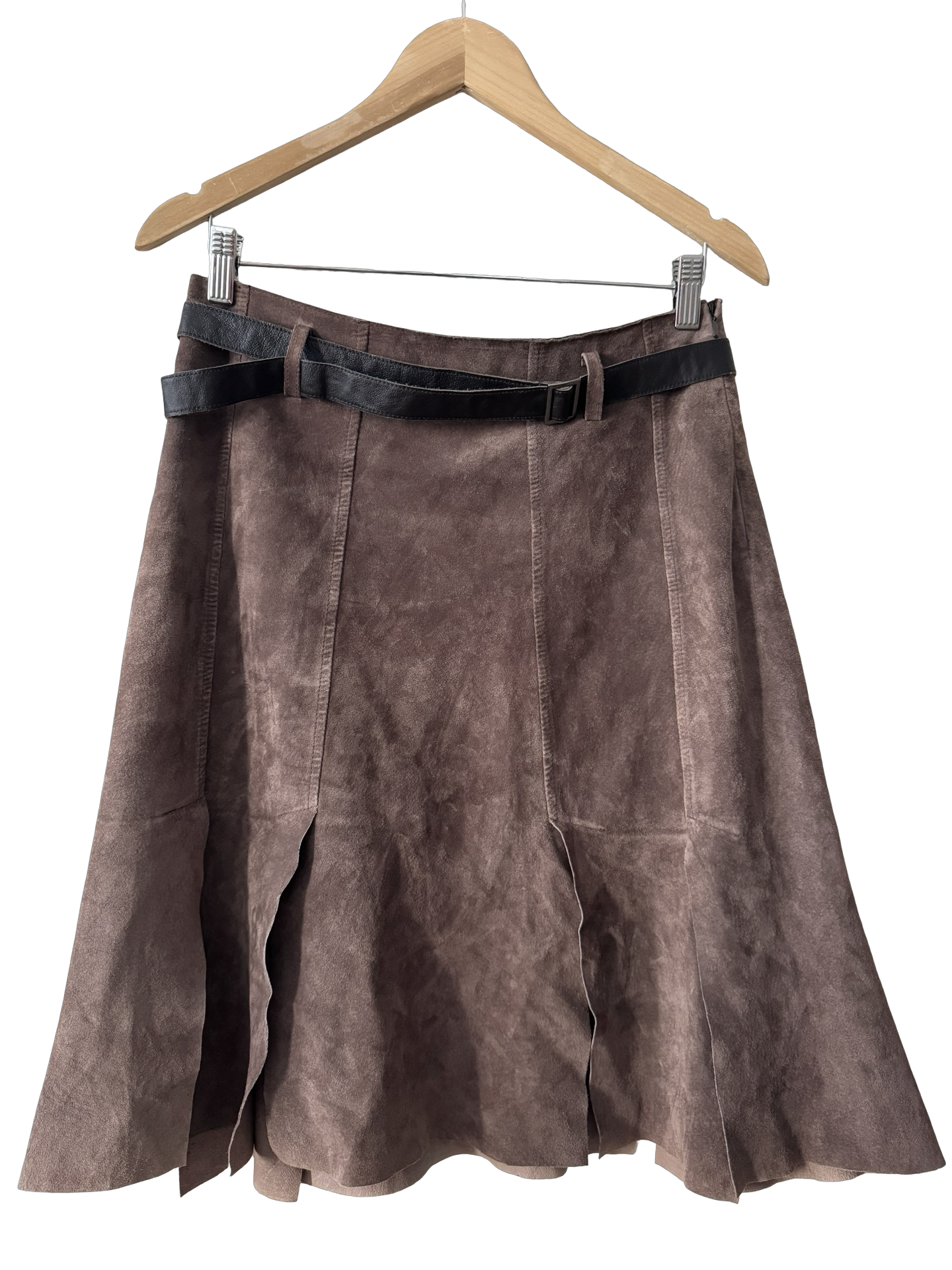 Vintage Y2K French Cocoa Suede Effect Belted Midi Skirt (S)