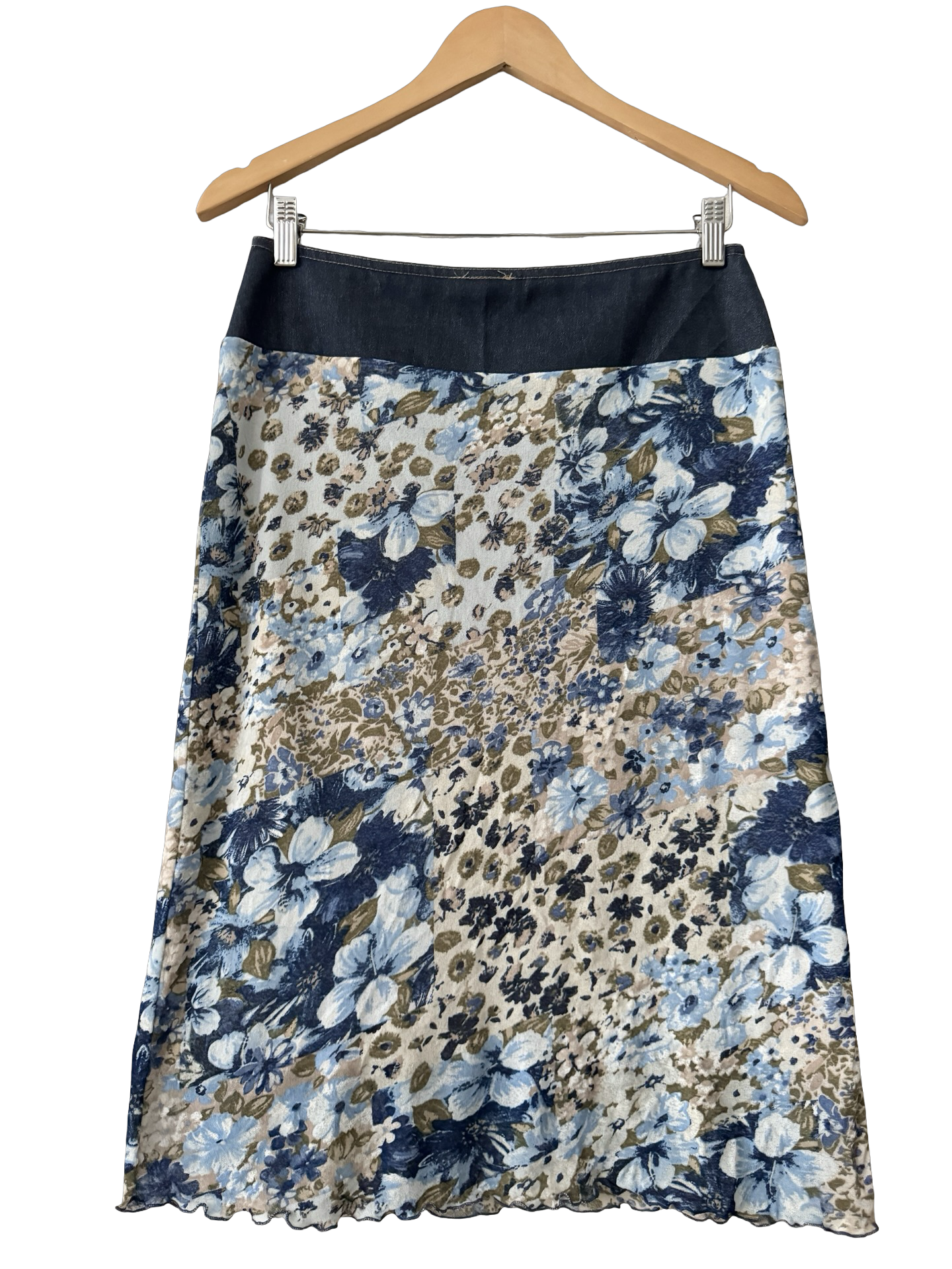 Vintage 90s French Porcelain Blue Ruched Midi Skirt (S/M)