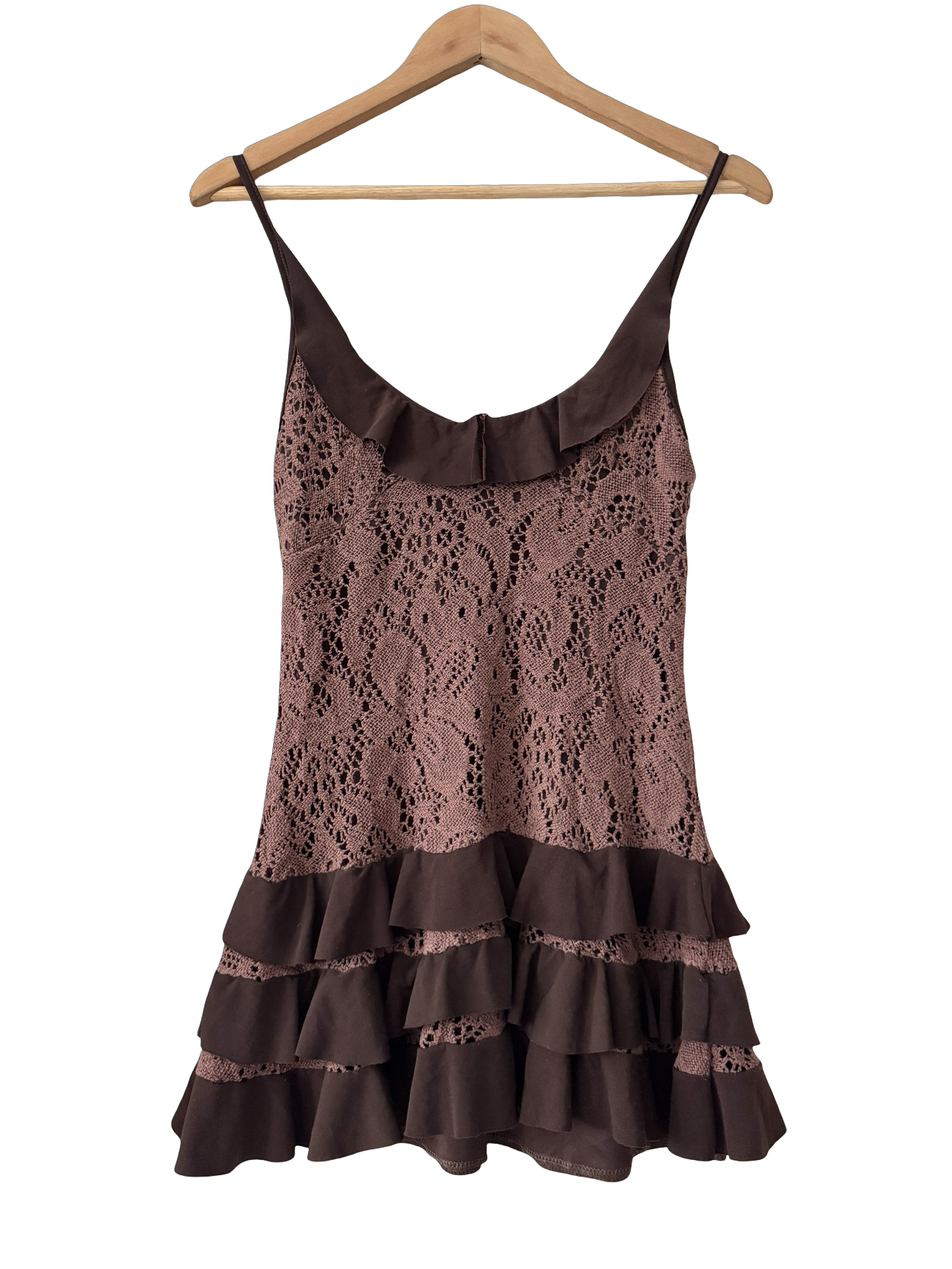 Vintage 90s Parisian Cocoa Ruffle Lace Mini Dress (S/M)