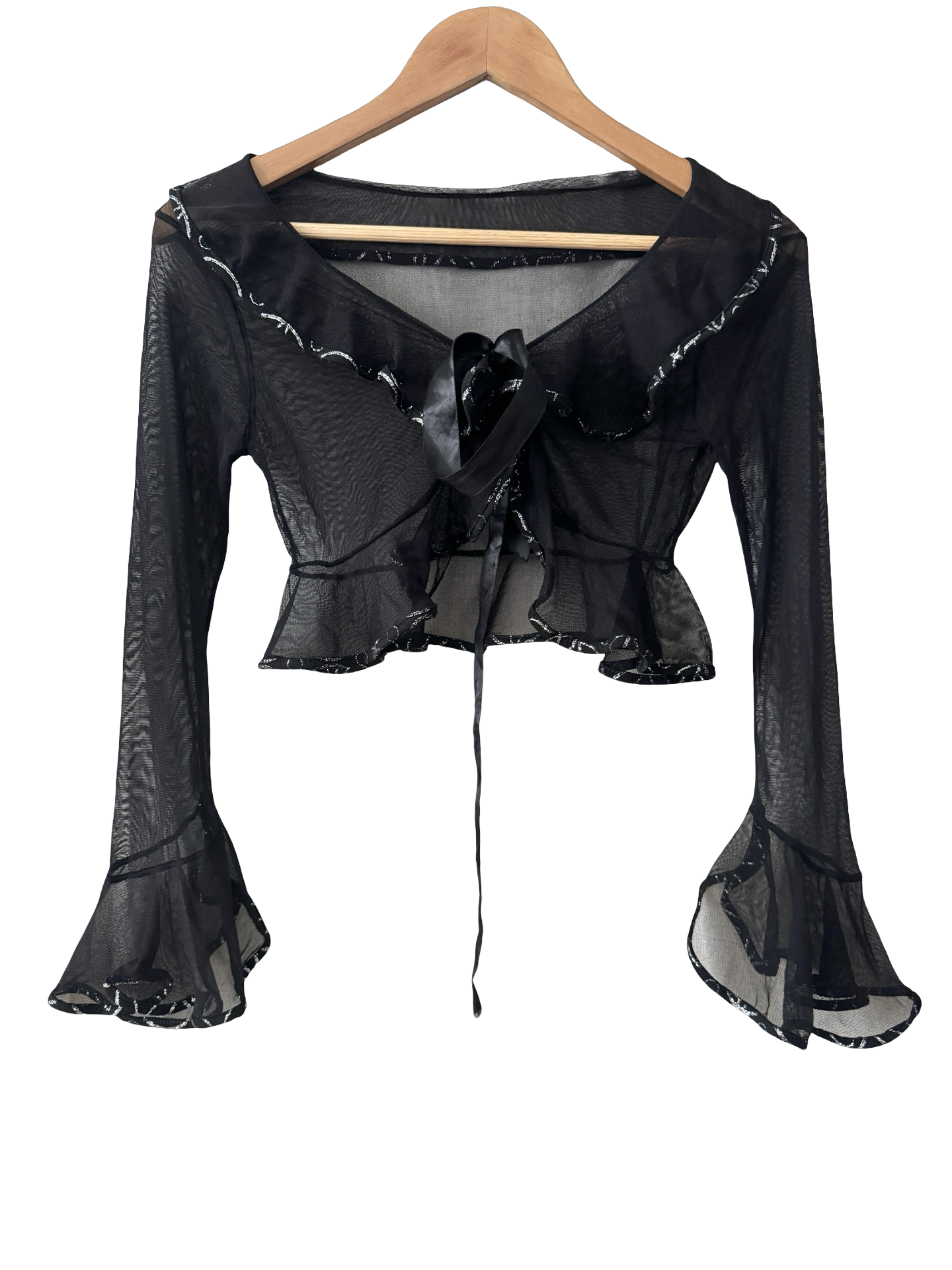 Vintage 90s Black Magic Sheer Tie-Front Cropped Blouse (S)