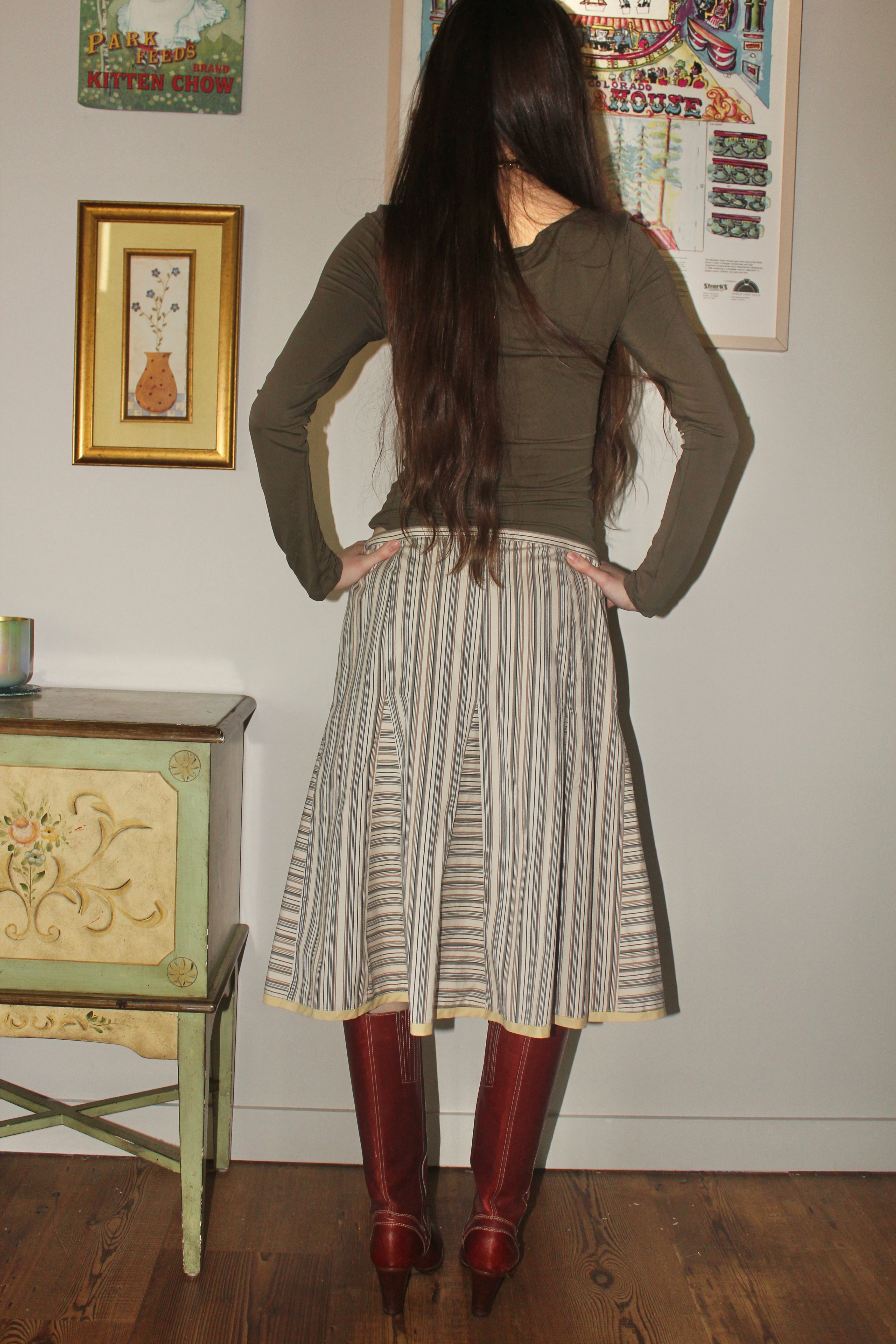 Vintage 90s Low Waist Pinstriped Midi Skirt (M)