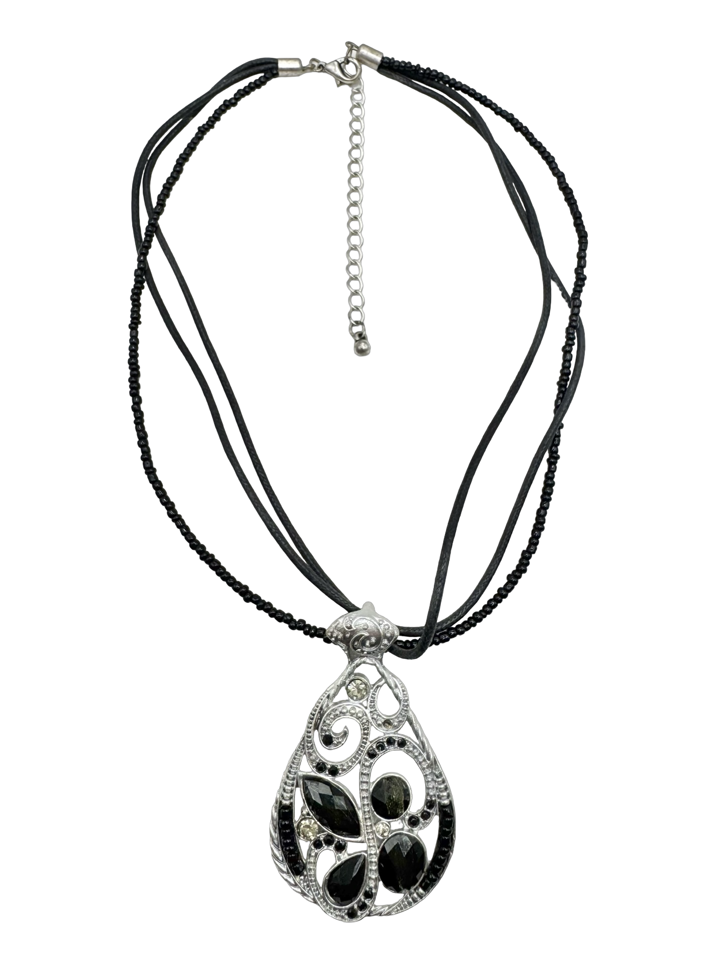 Vintage Black Midnight Beaded Pendant Necklace