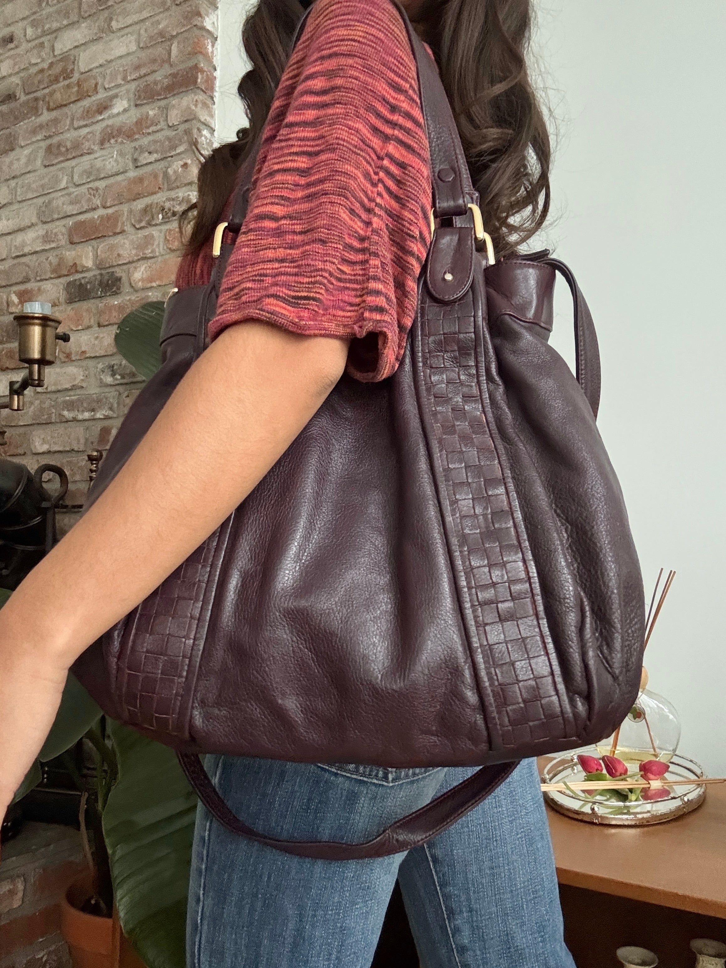 Vintage Y2K Plum Woven Leather Carryall