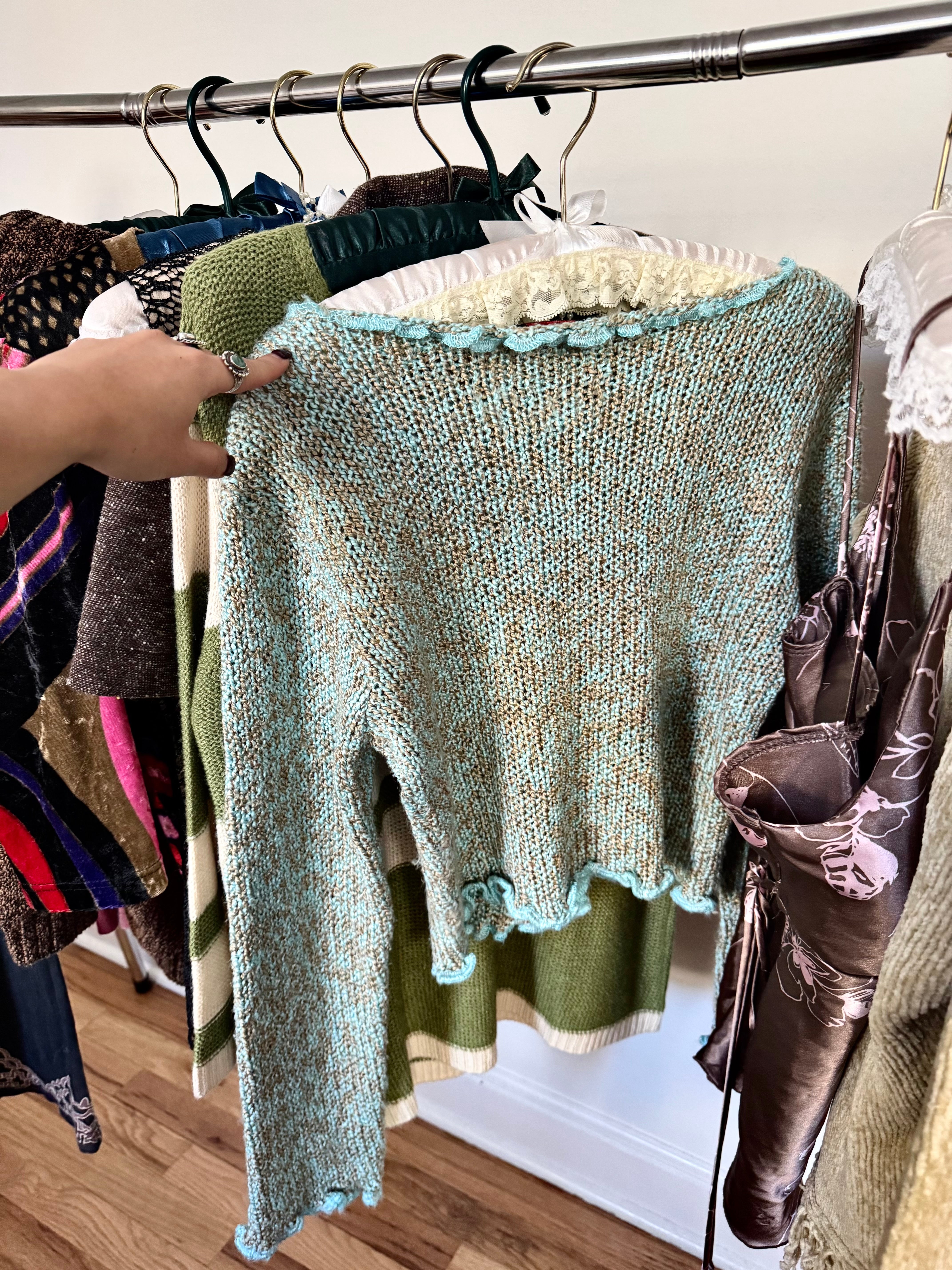 Vintage 90s Delicate Floral Ruffled Aqua Knit- Sourced in Paris (S)