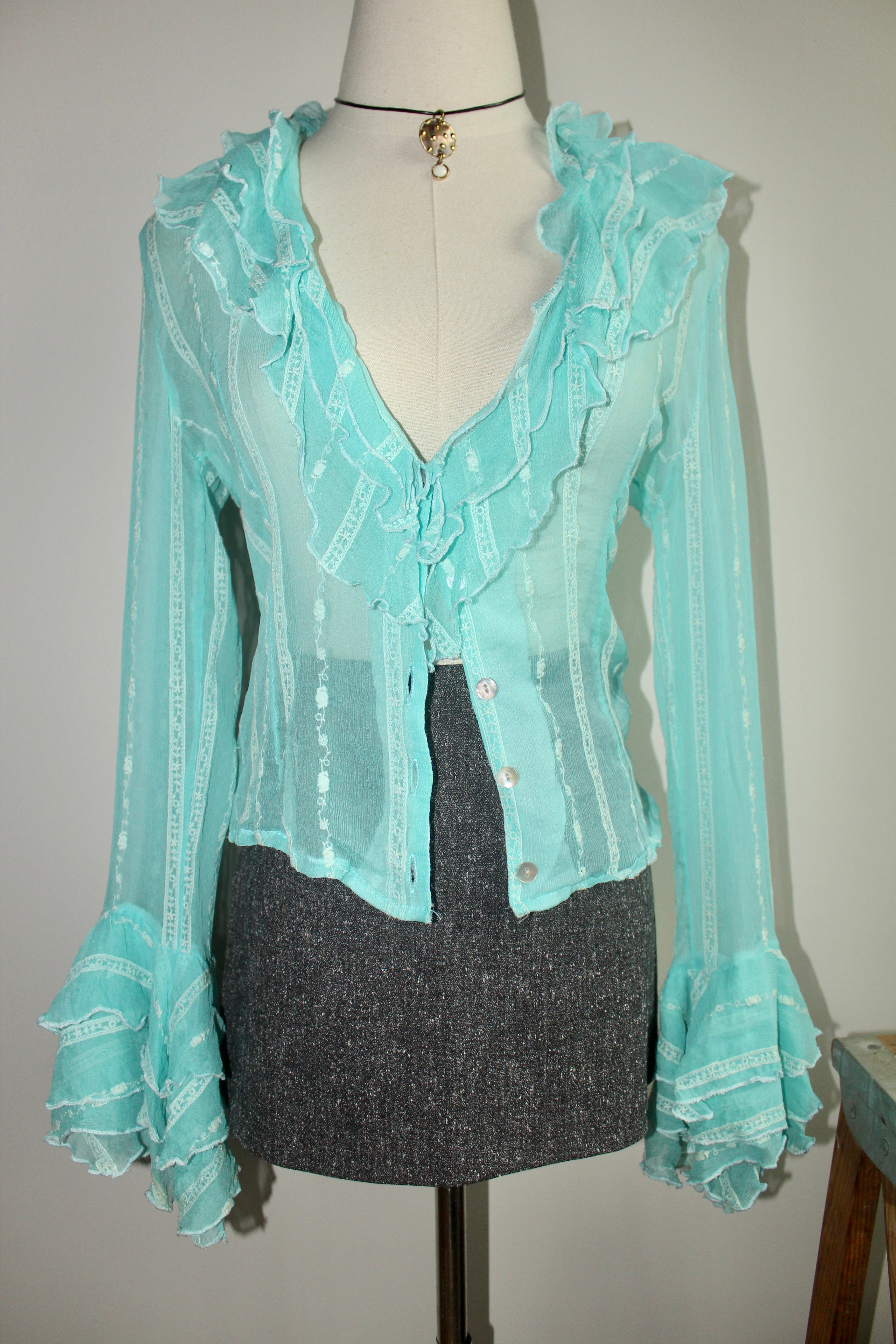 Vintage 90s Sheer Ruffled Turquoise Blouse (S)