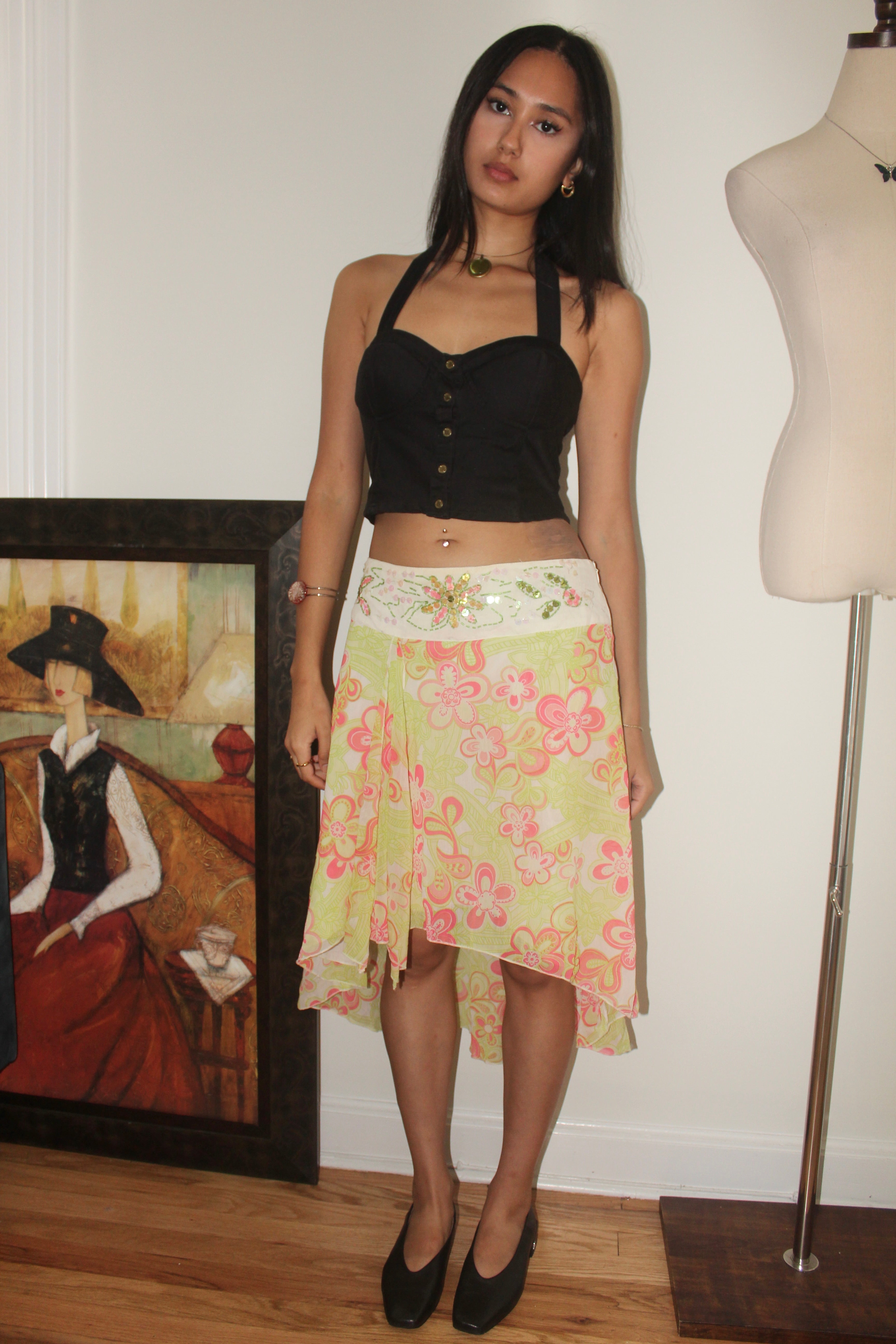 Vintage 90s Beaded Floral Asymmetrical Midi Skirt (S)