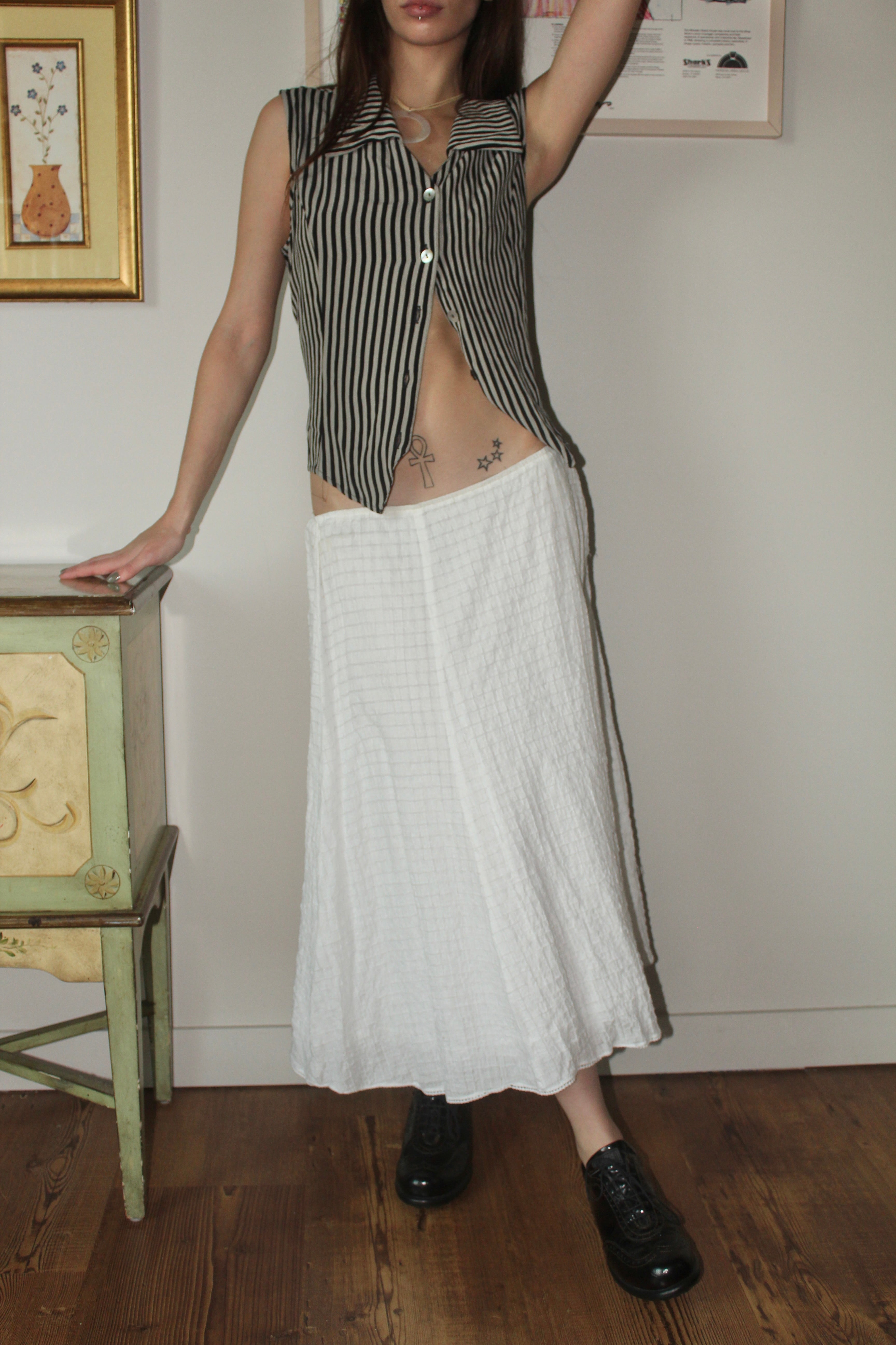 Vintage 90s Ivory Textured Midi Skirt (M)