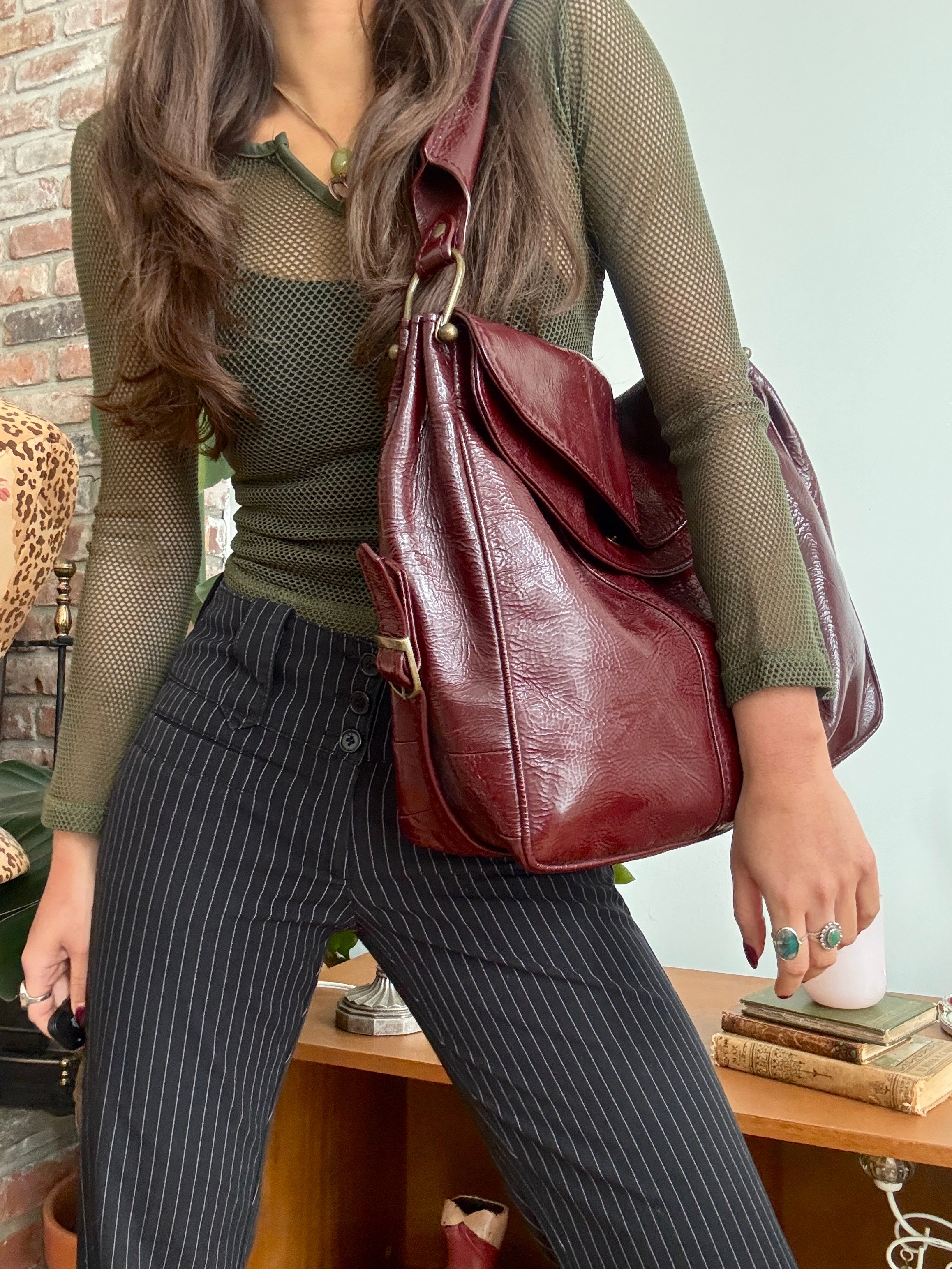 Vintage Bordeaux Glossy Slouch Shoulder Bag