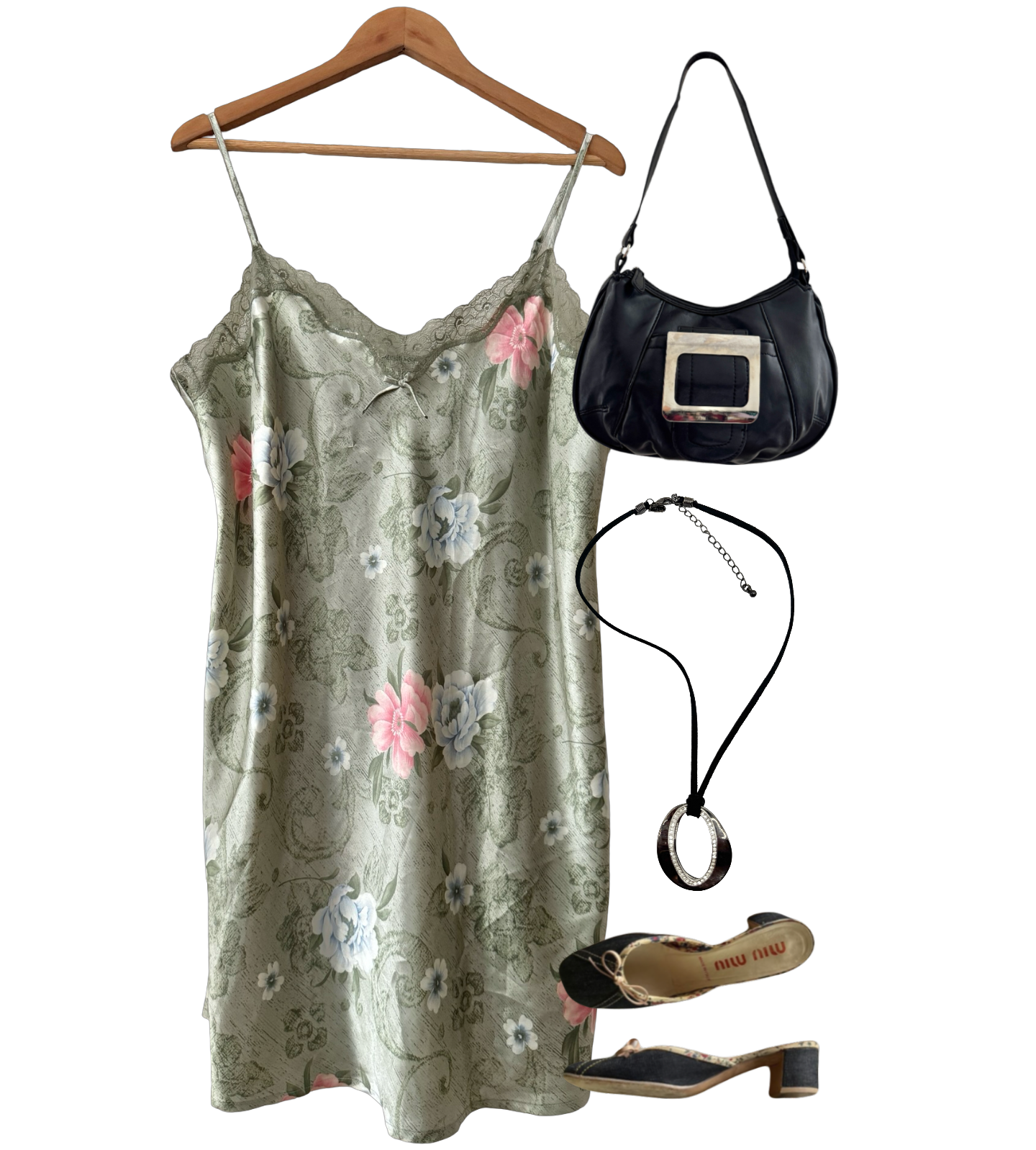 Vintage 90s Sage Floral Lace-Trim Slip (XL)