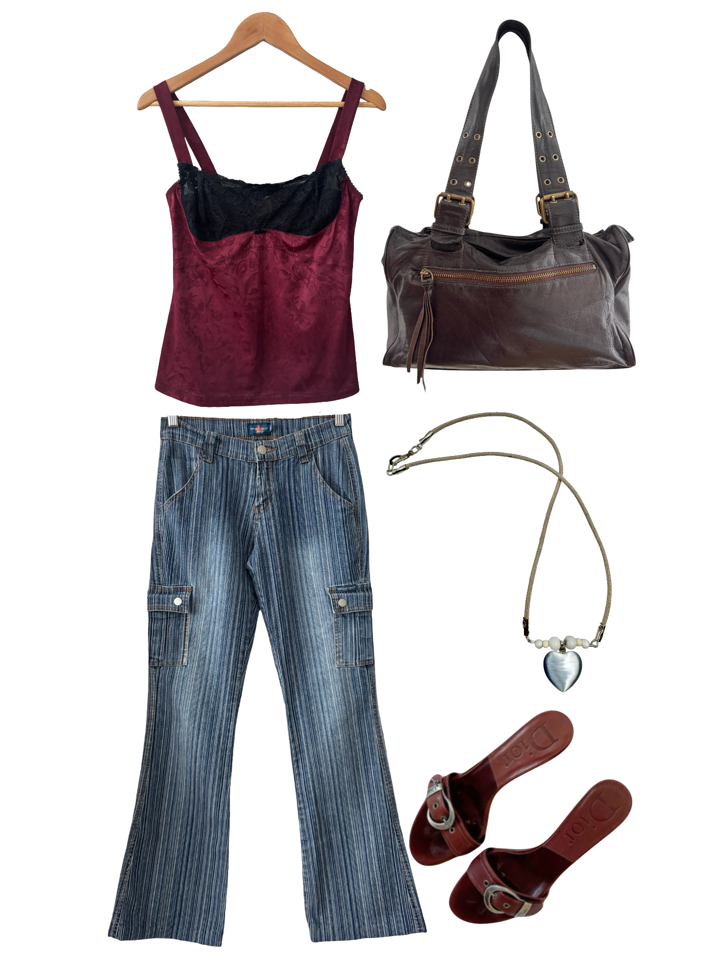 Vintage Y2K Burgundy Jacquard Lace Trim Cami (M)