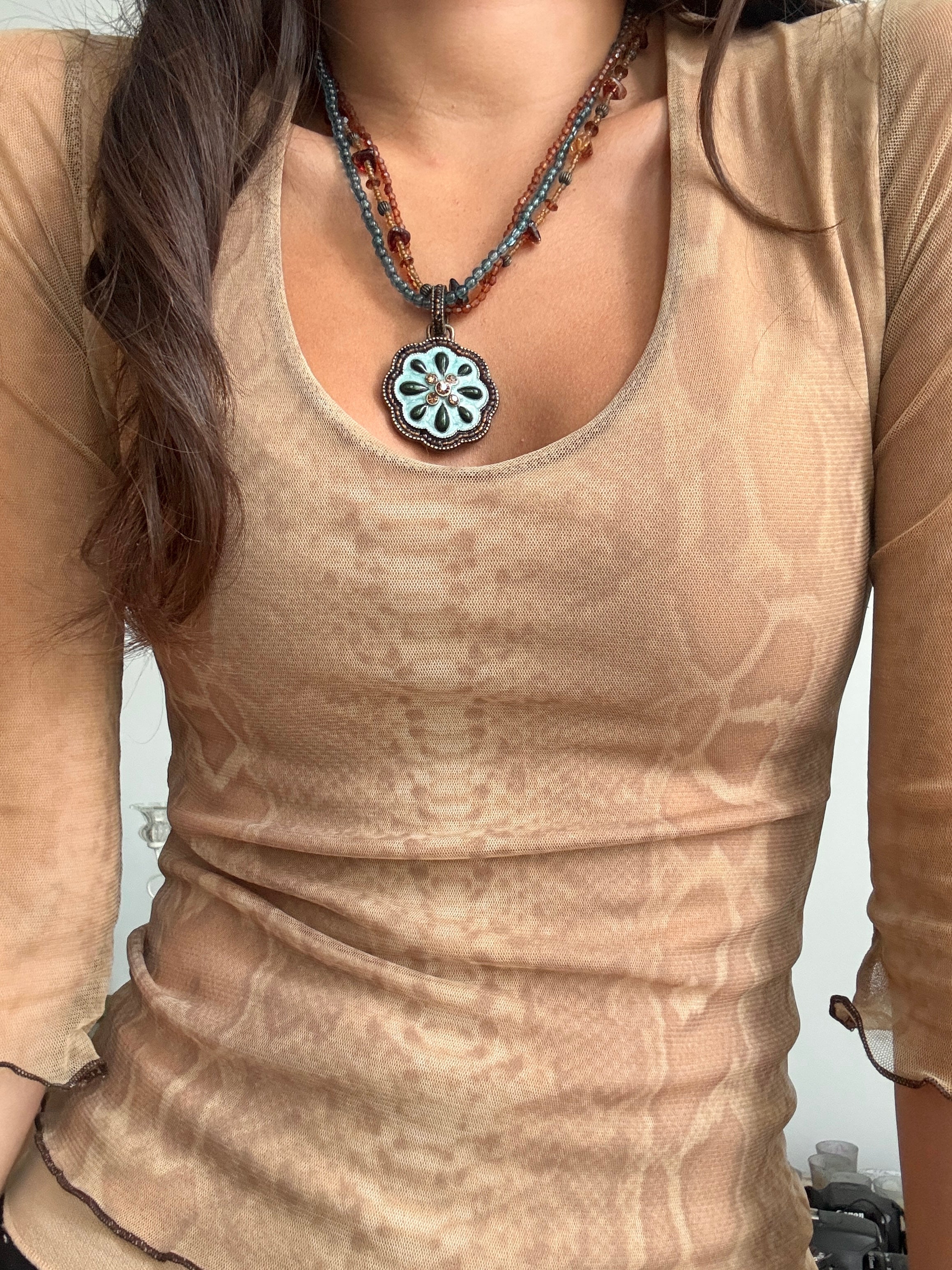 Vintage Y2K Aqua Amber Medallion Necklace