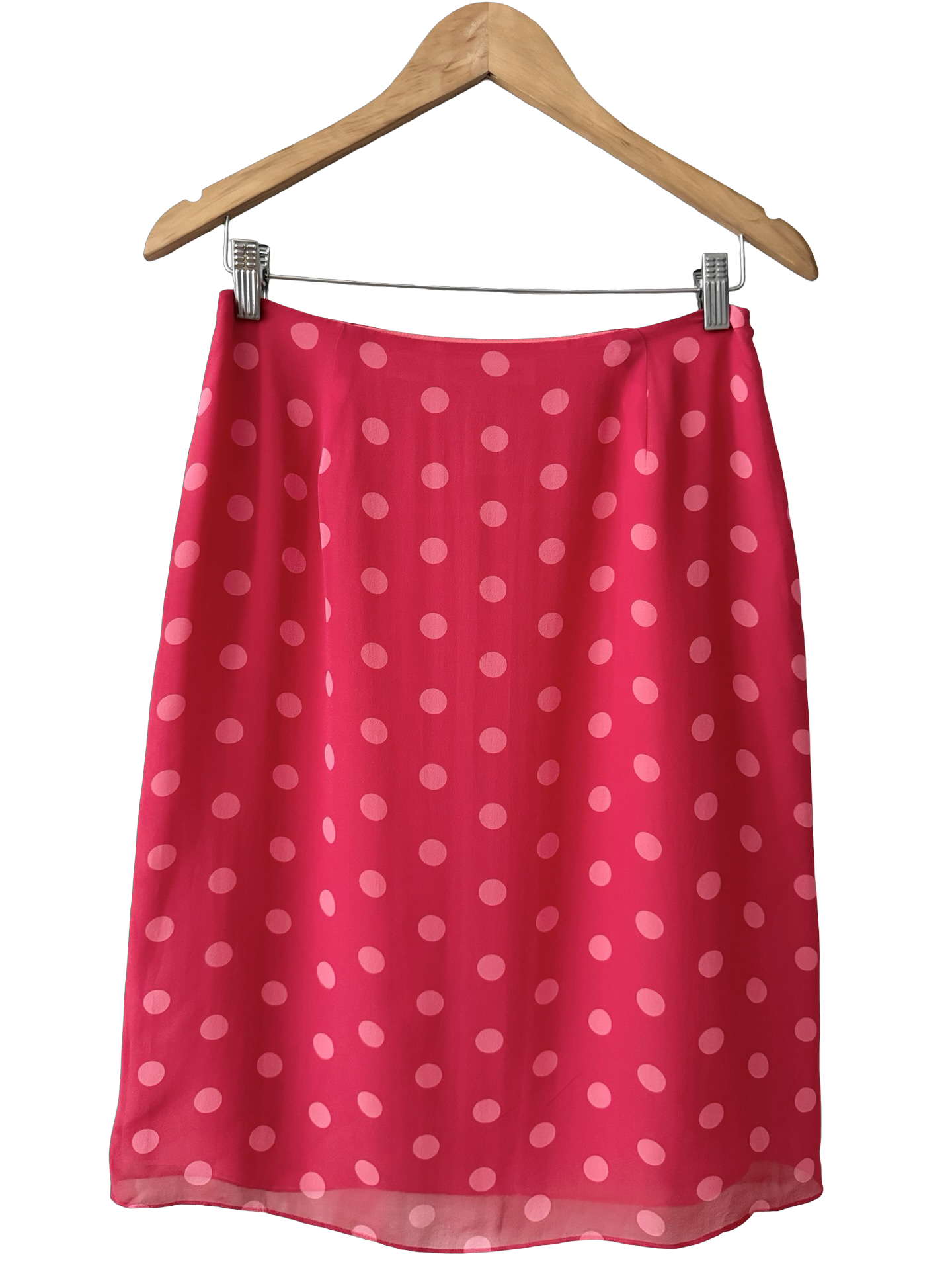 Vintage 90s Silk Pink Polka Dot Midi Skirt (M)
