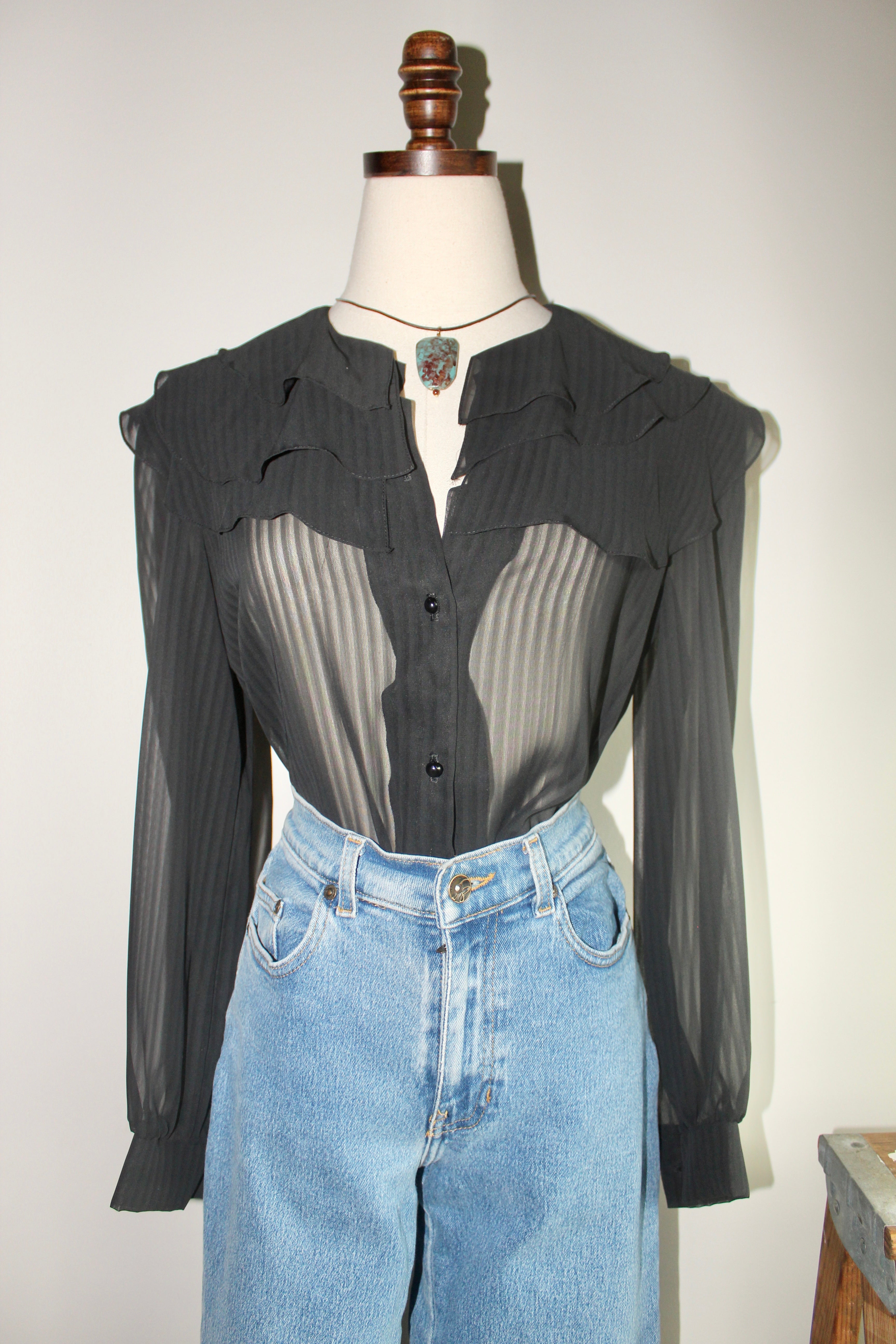 Vintage 90s Ruffled Sheer Striped Blouse (M)