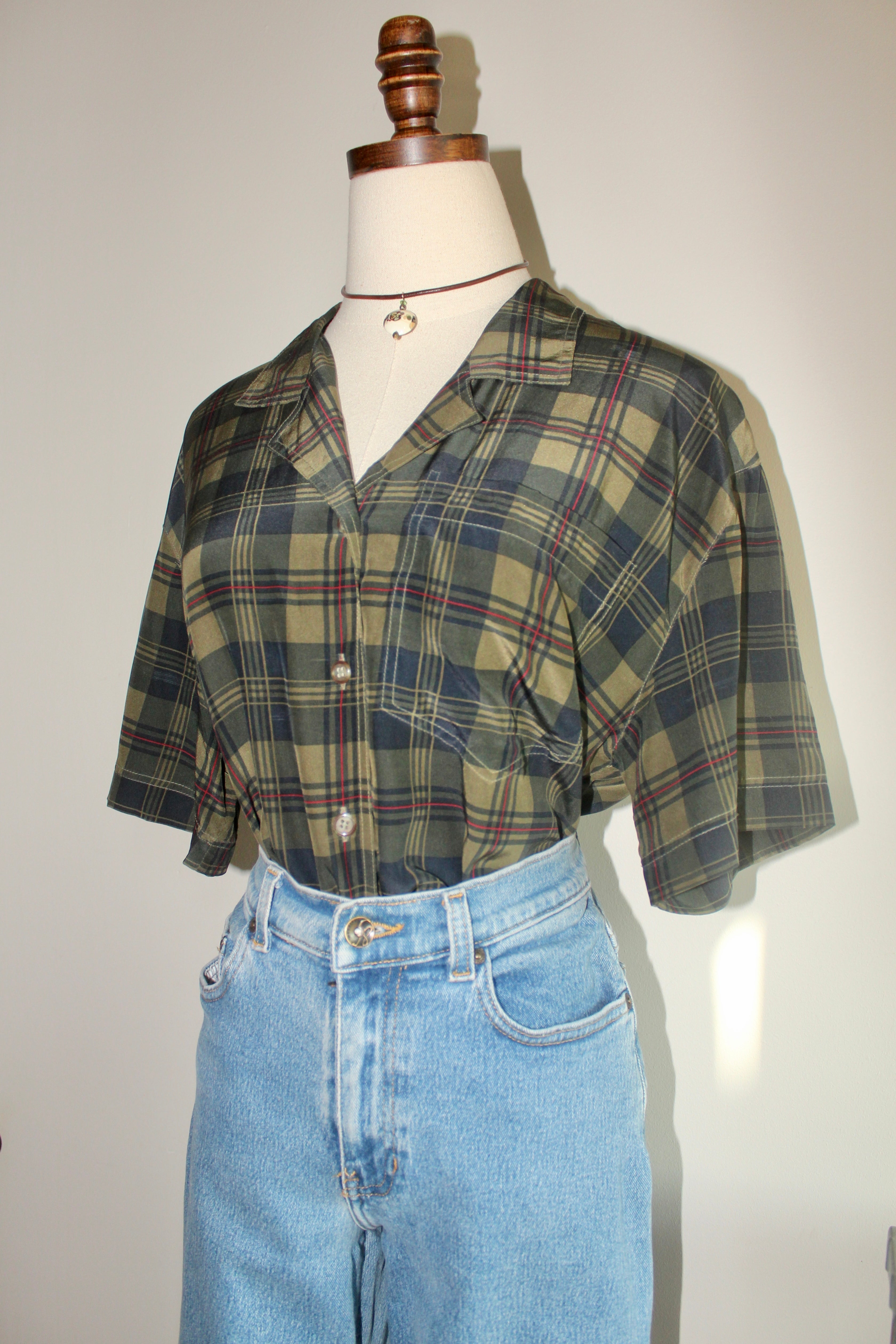 Vintage 90s Plaid Silk Short Sleeve (M)