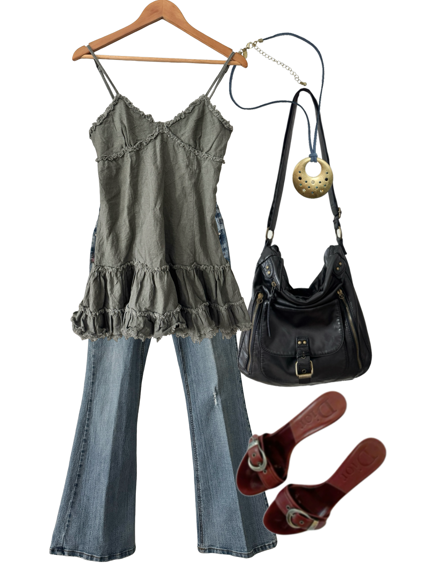 Vintage Y2K Olive Ruffle Poetry Top (M)