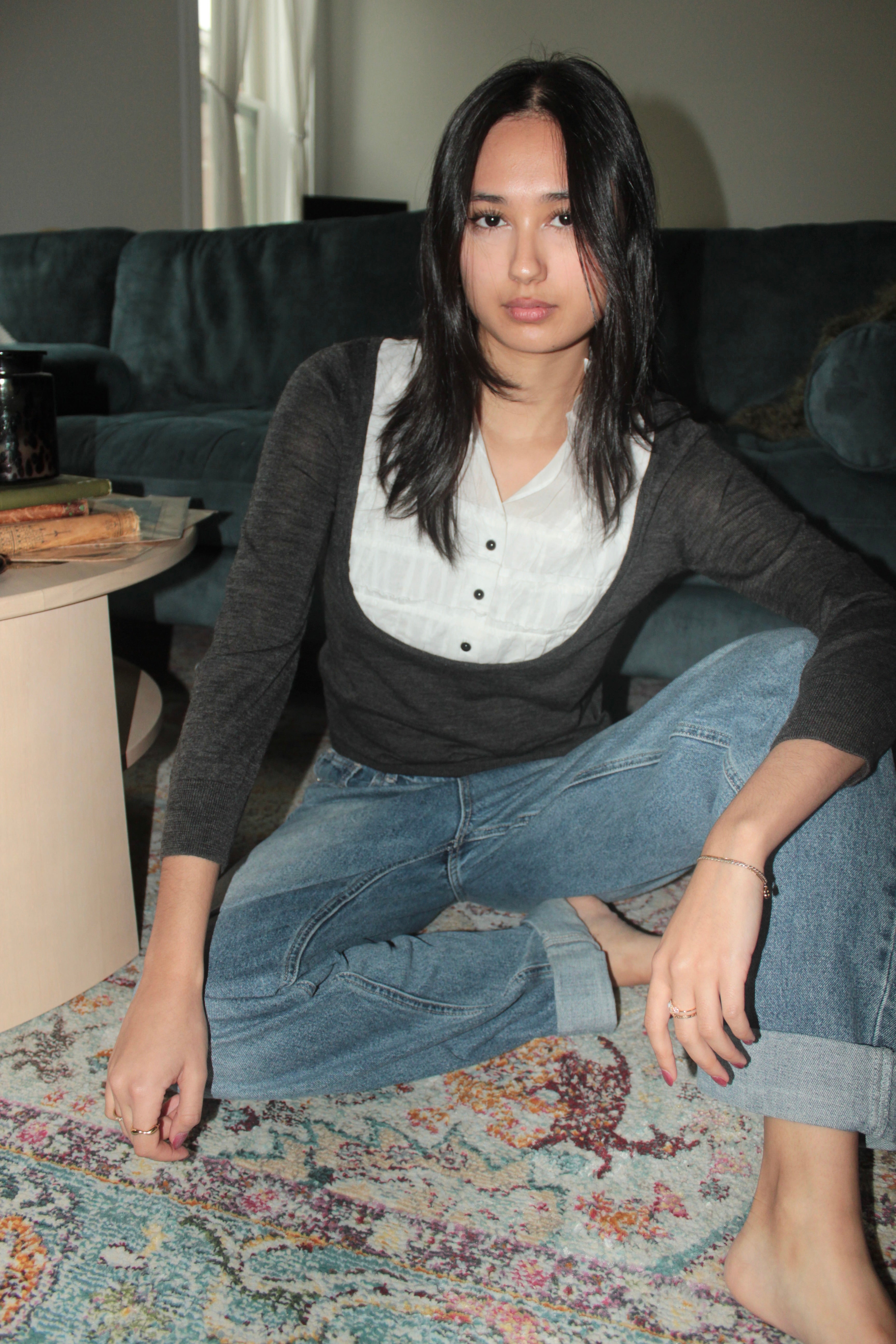 Vintage 2000s Charcoal Mock-Layer Blouse Sweater (S)