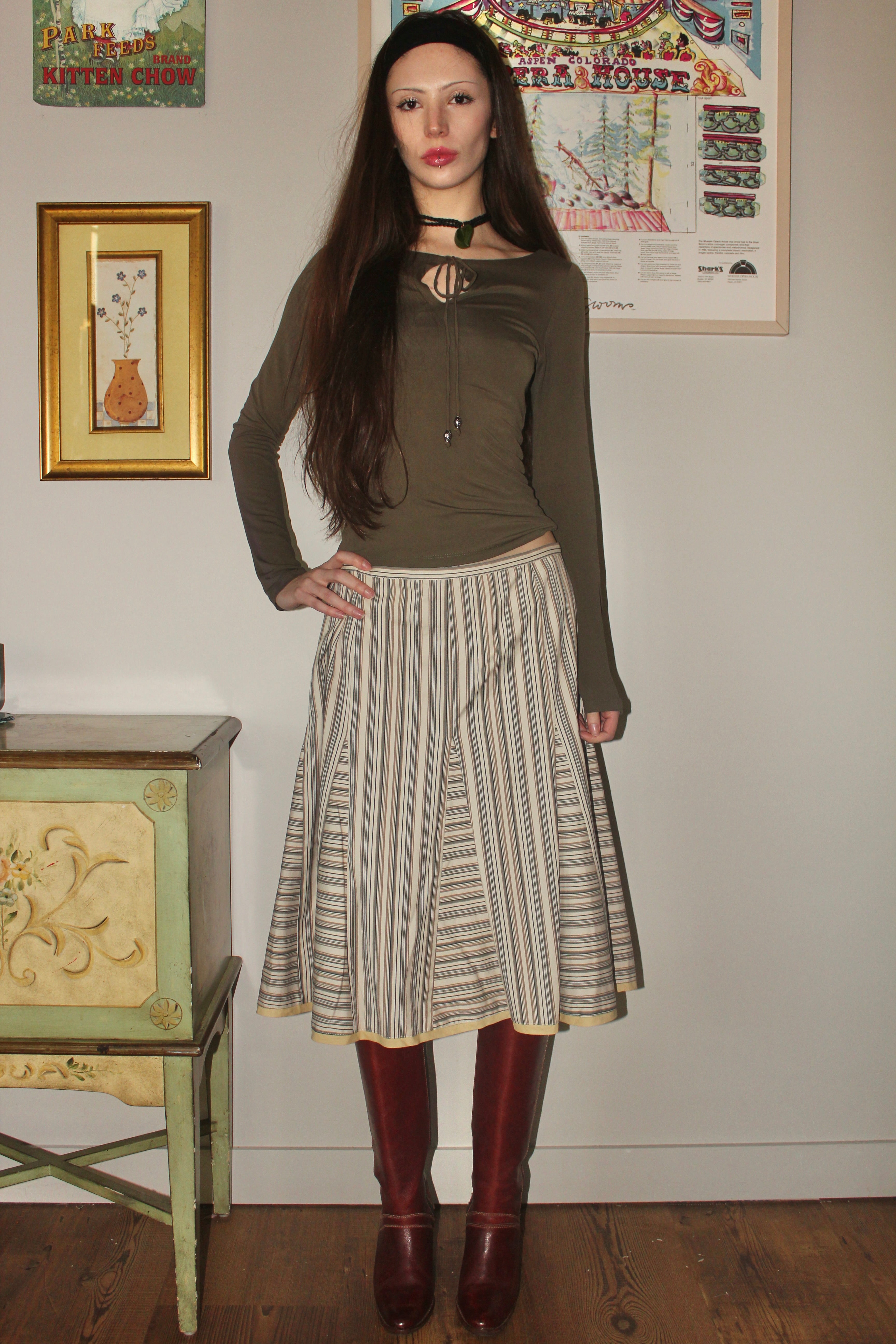 Vintage 90s Low Waist Pinstriped Midi Skirt (M)