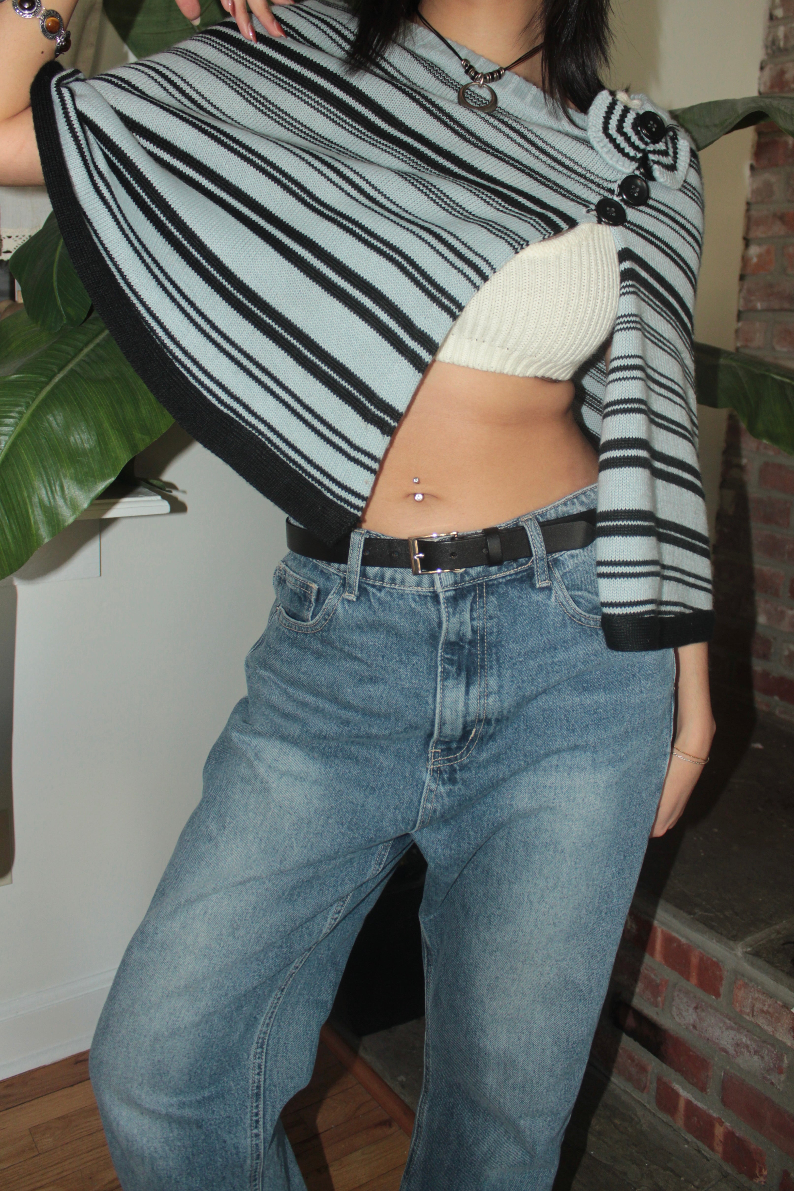 Vintage 90s Charming Striped Cropped Knit Poncho (one size)