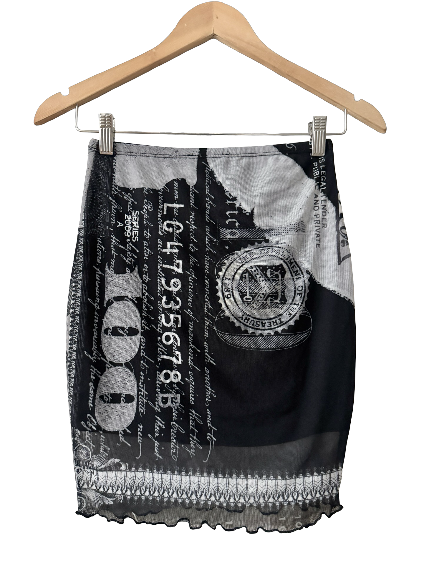Vintage Y2K Money Talks Graphic Mesh Mini Skirt (XS)