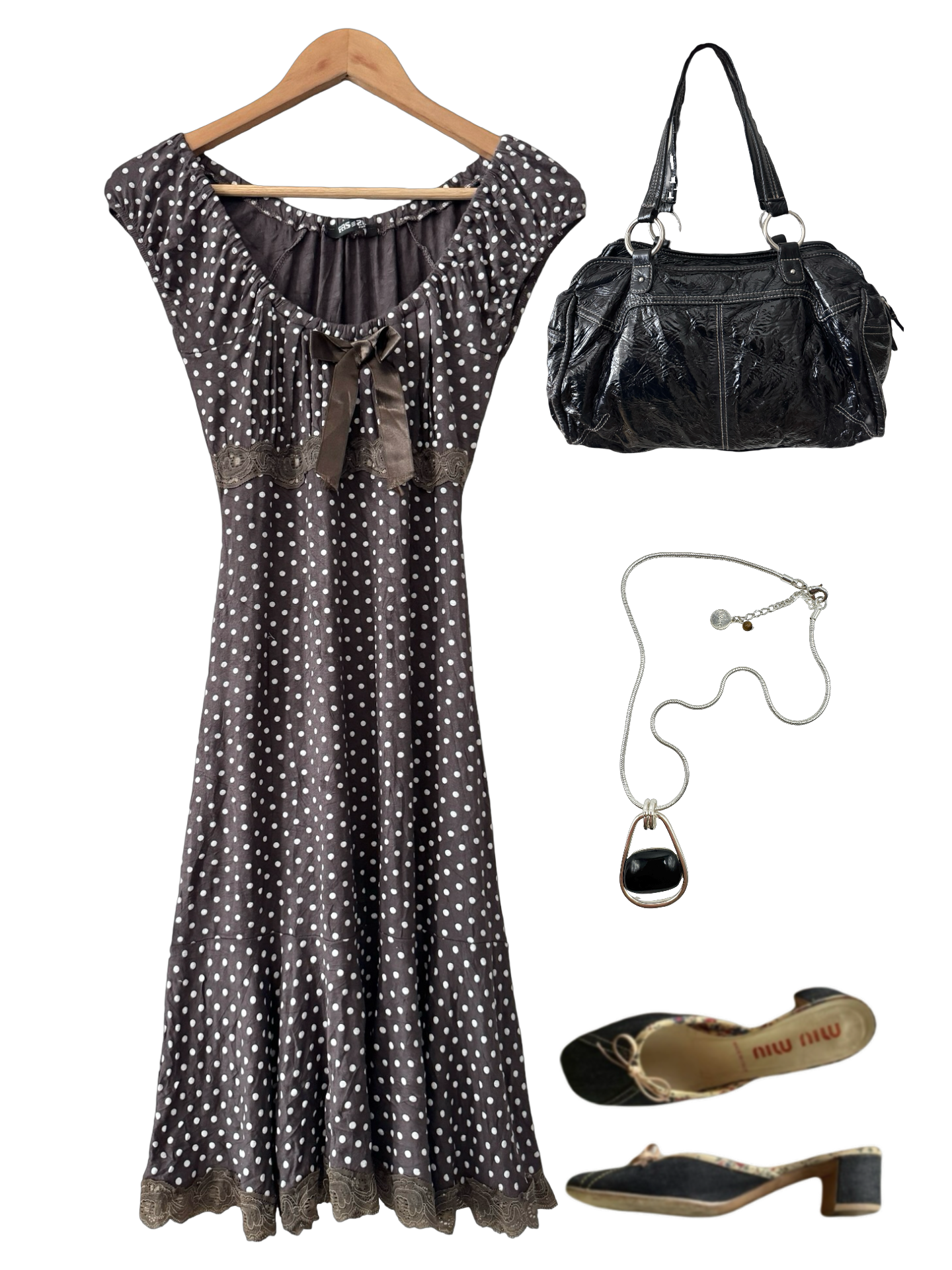Vintage Y2K Parisian Chocolate Café Polka Dot Midi Dress (S/M)