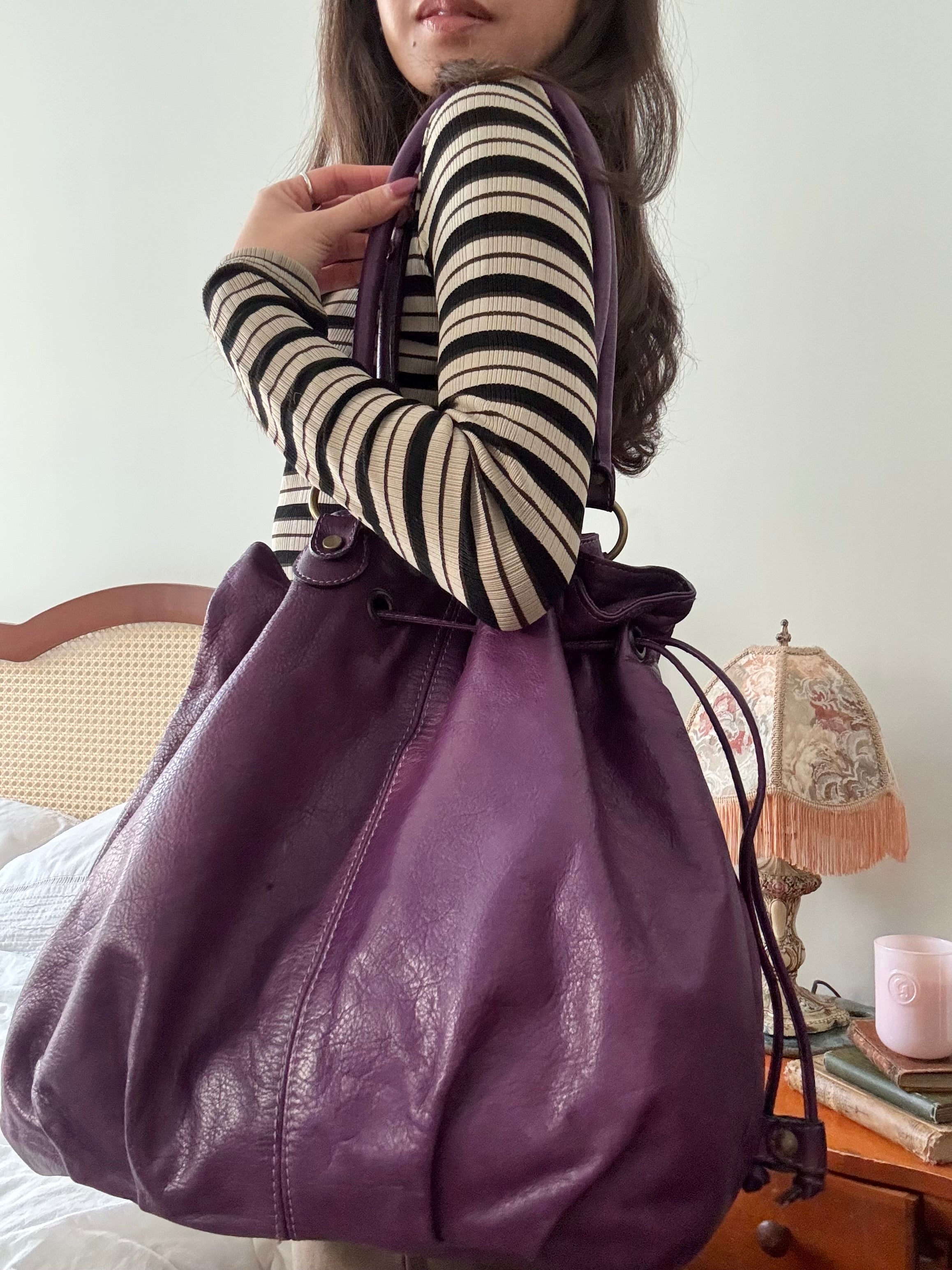 Vintage Slouchy Eggplant Leather Drawstring Bucket Bag