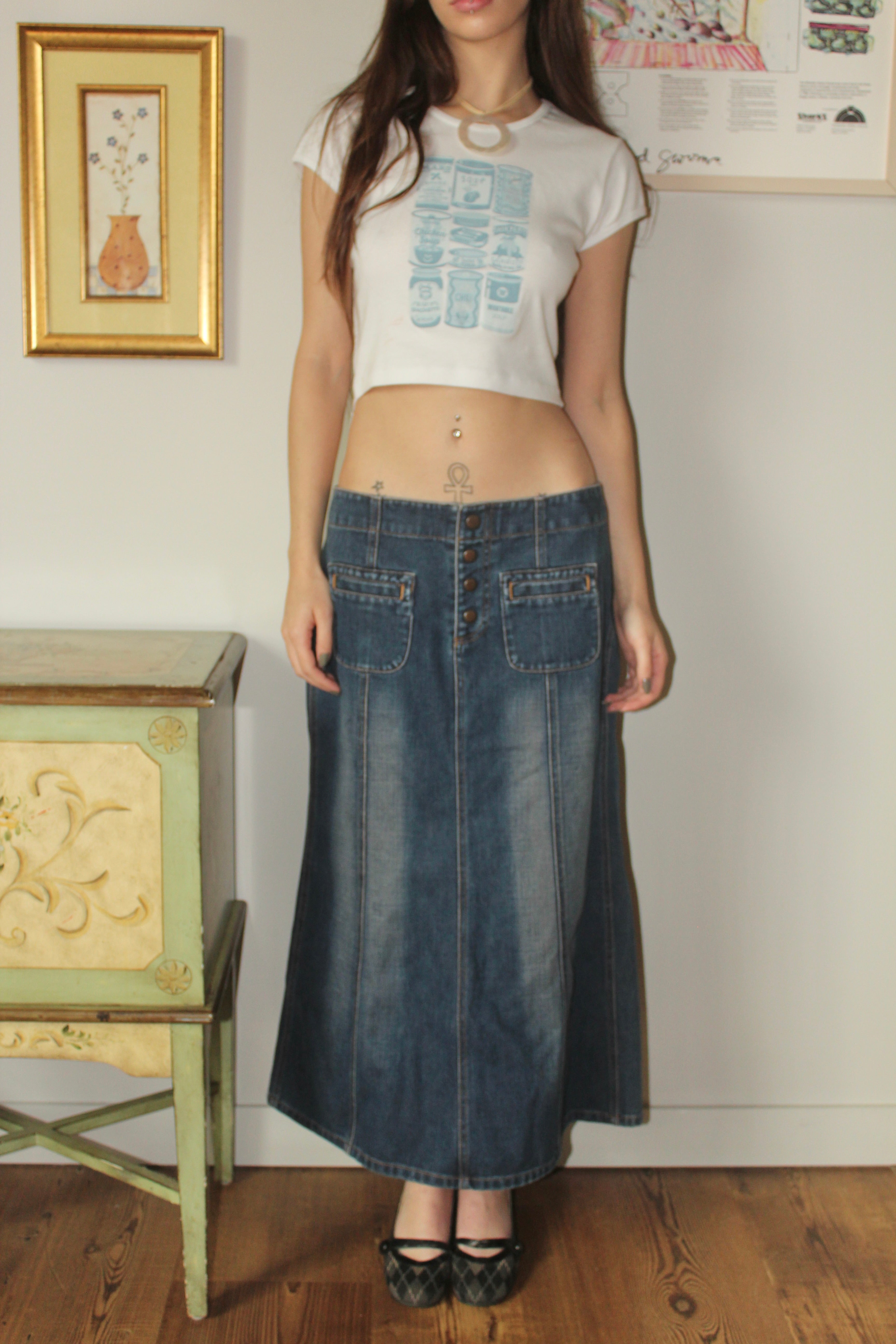 Vintage Y2K Low Waisted Denim Midi Skirt (M)