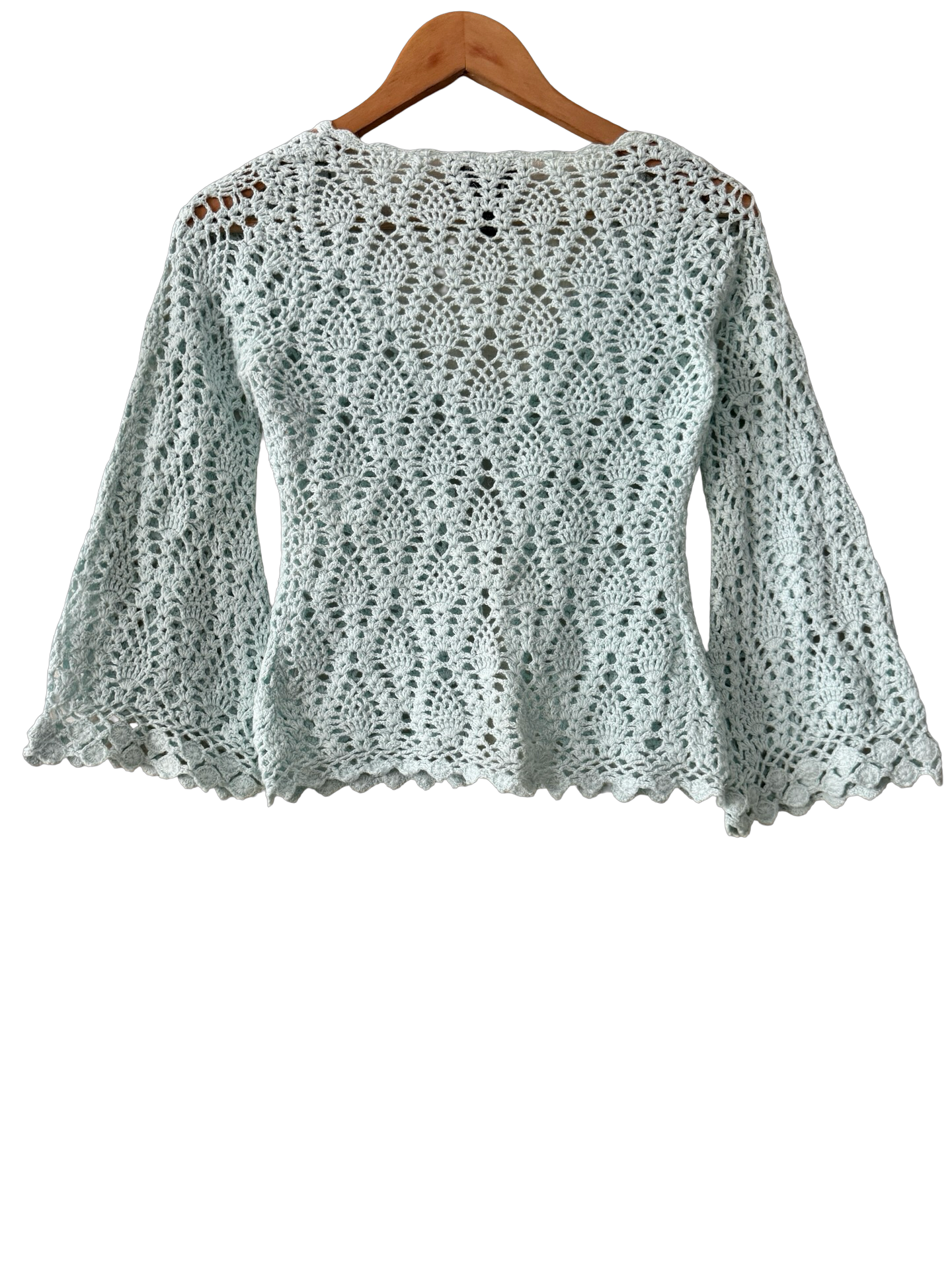 Vintage Y2K Seafoam Crochet Bell Sleeve Cardigan (XS/S)