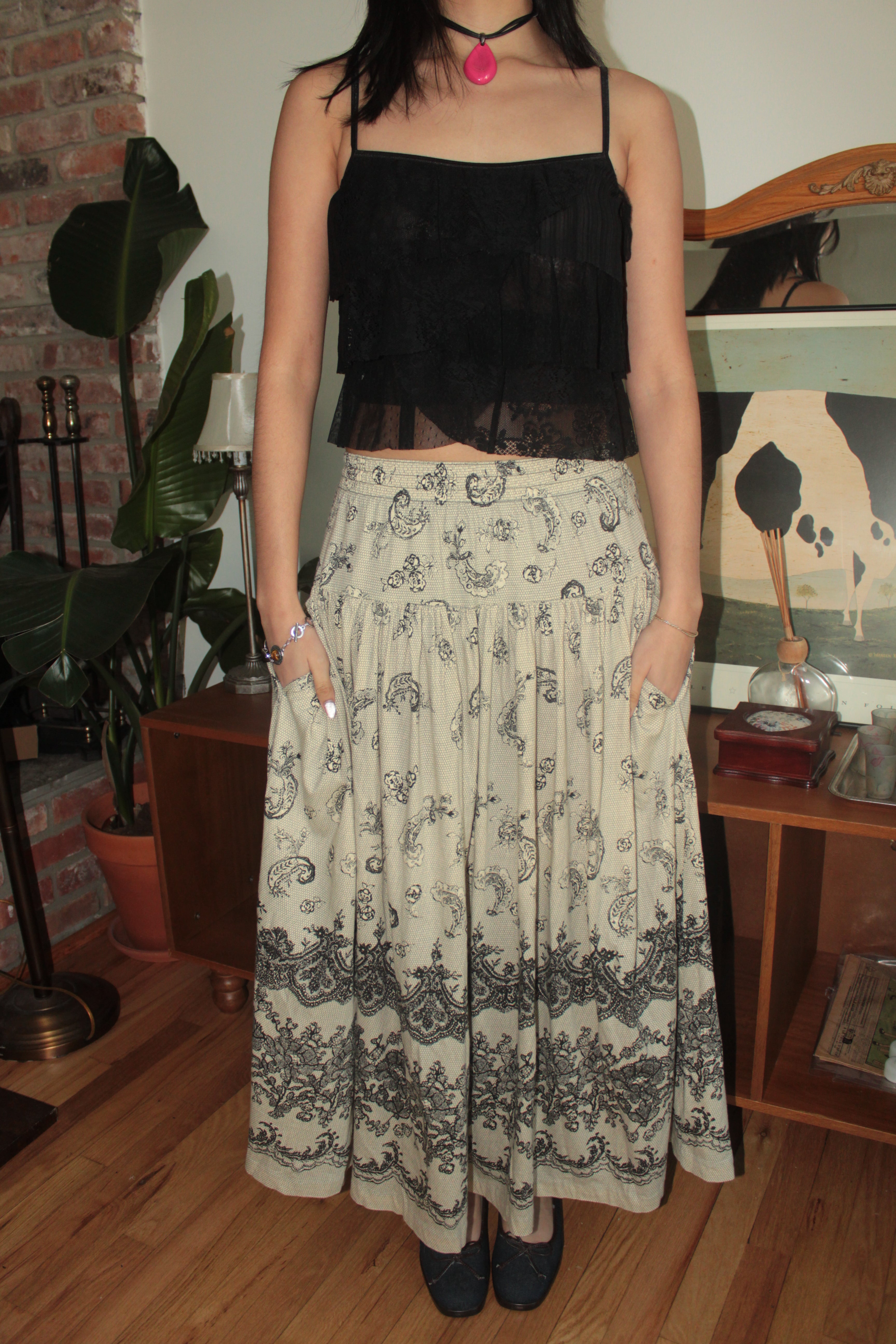 Vintage 90s Cottagecore Paisley Midi Skirt (S)