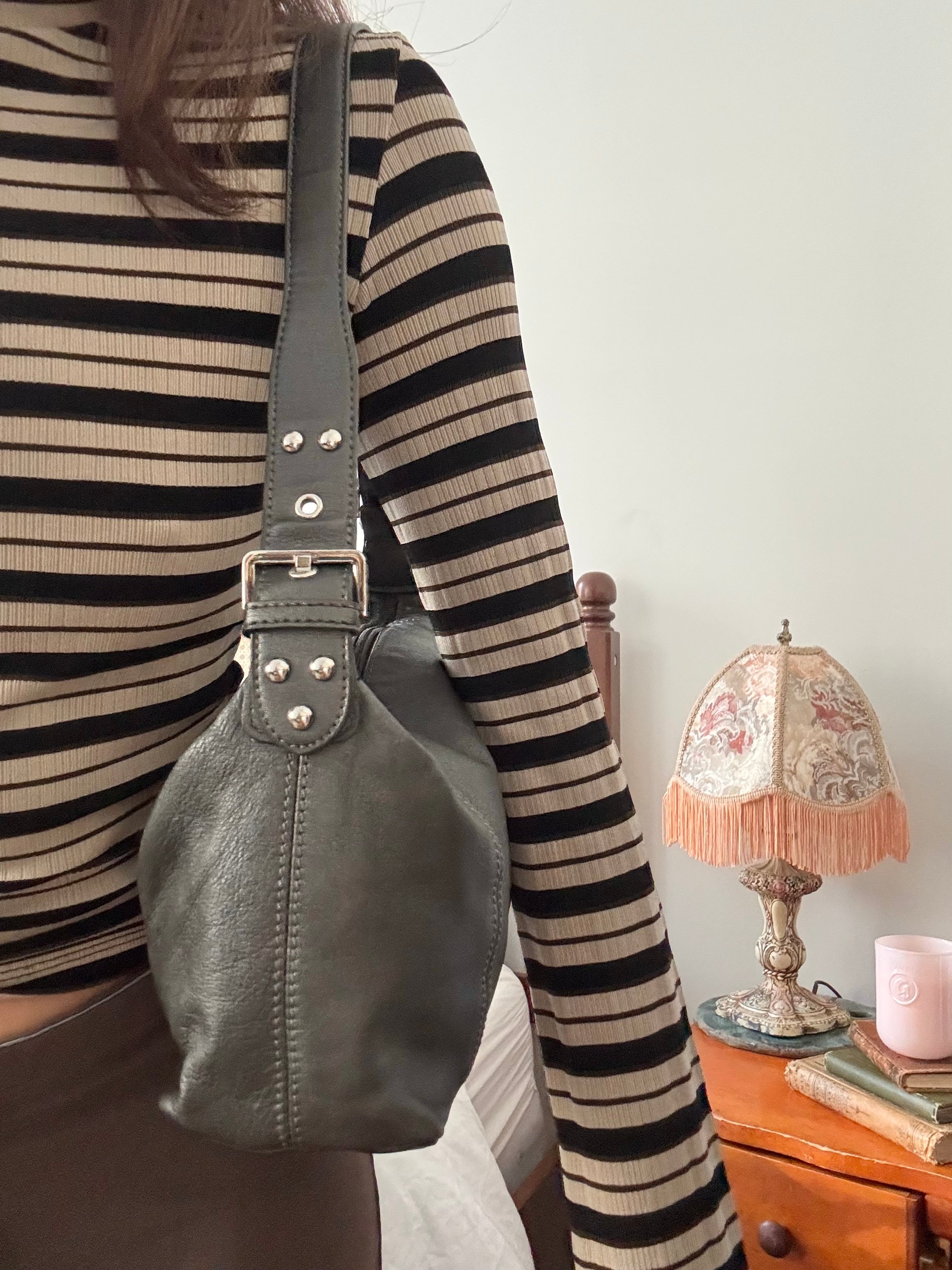 Vintage Italian Dark Grey Leather Shoulder Bag