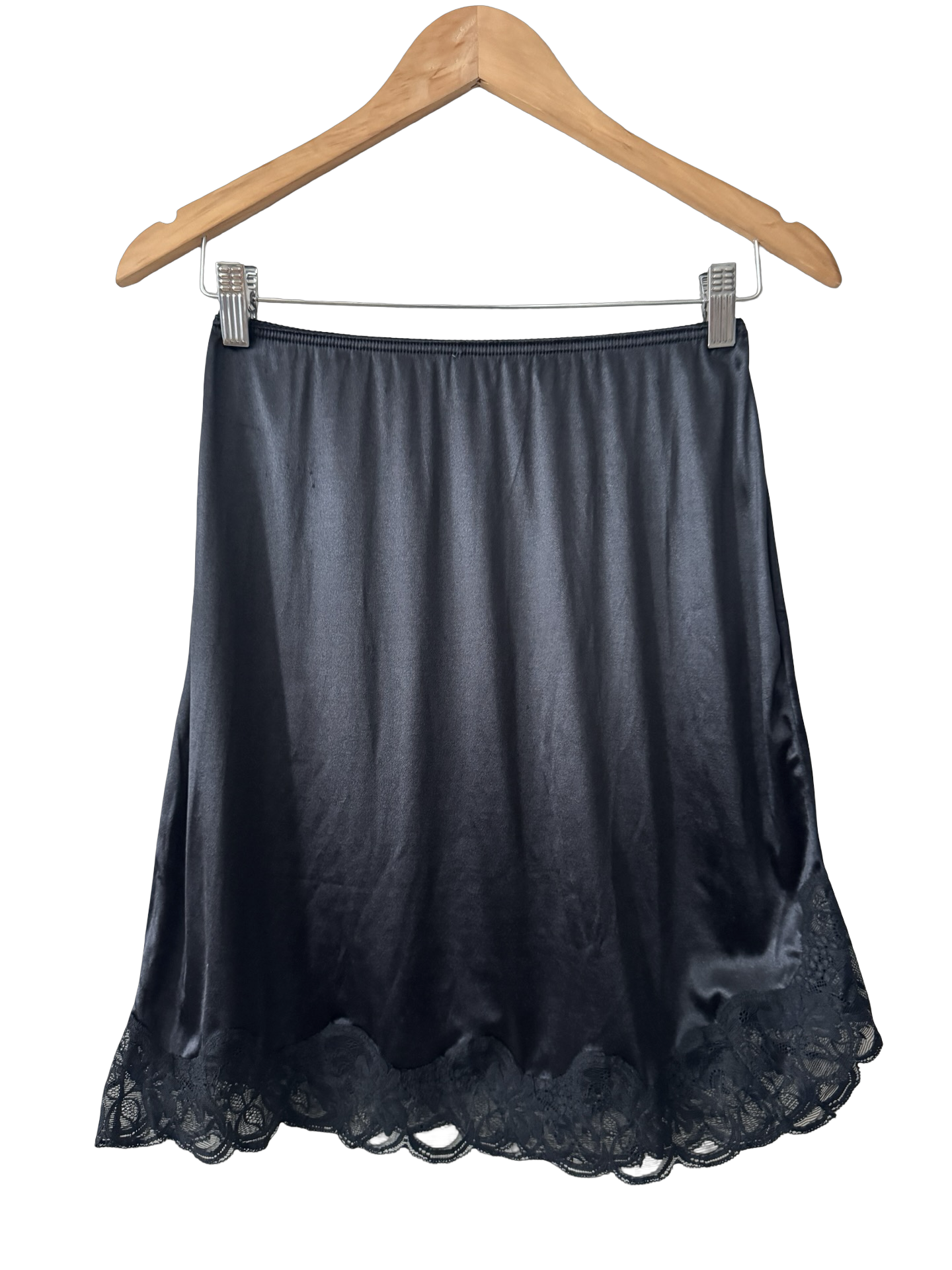 Vintage Black Lace Trim Satin Slip Skirt (S/M)