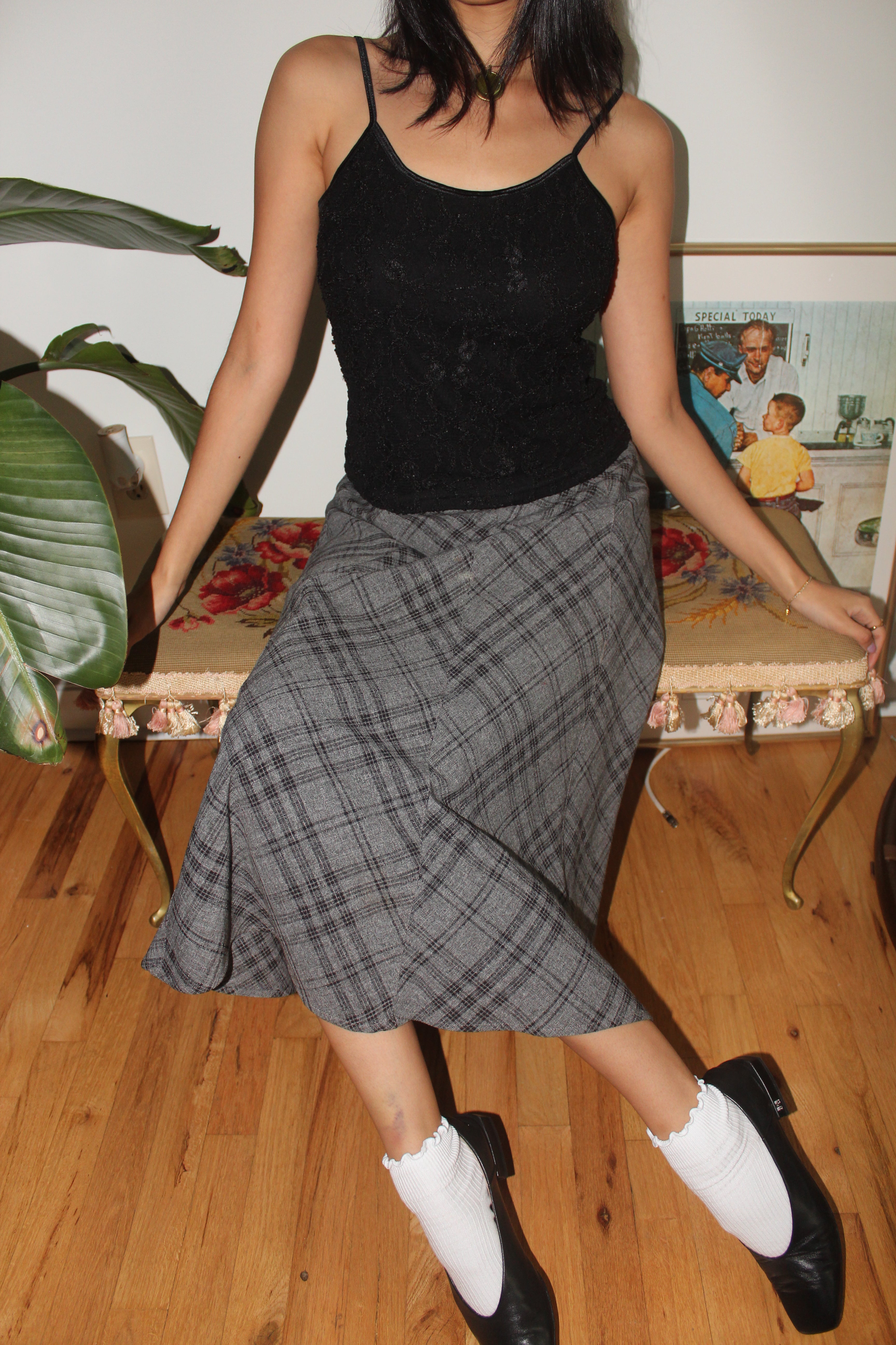 Vintage 90s Grey Plaid Midi Skirt (M)