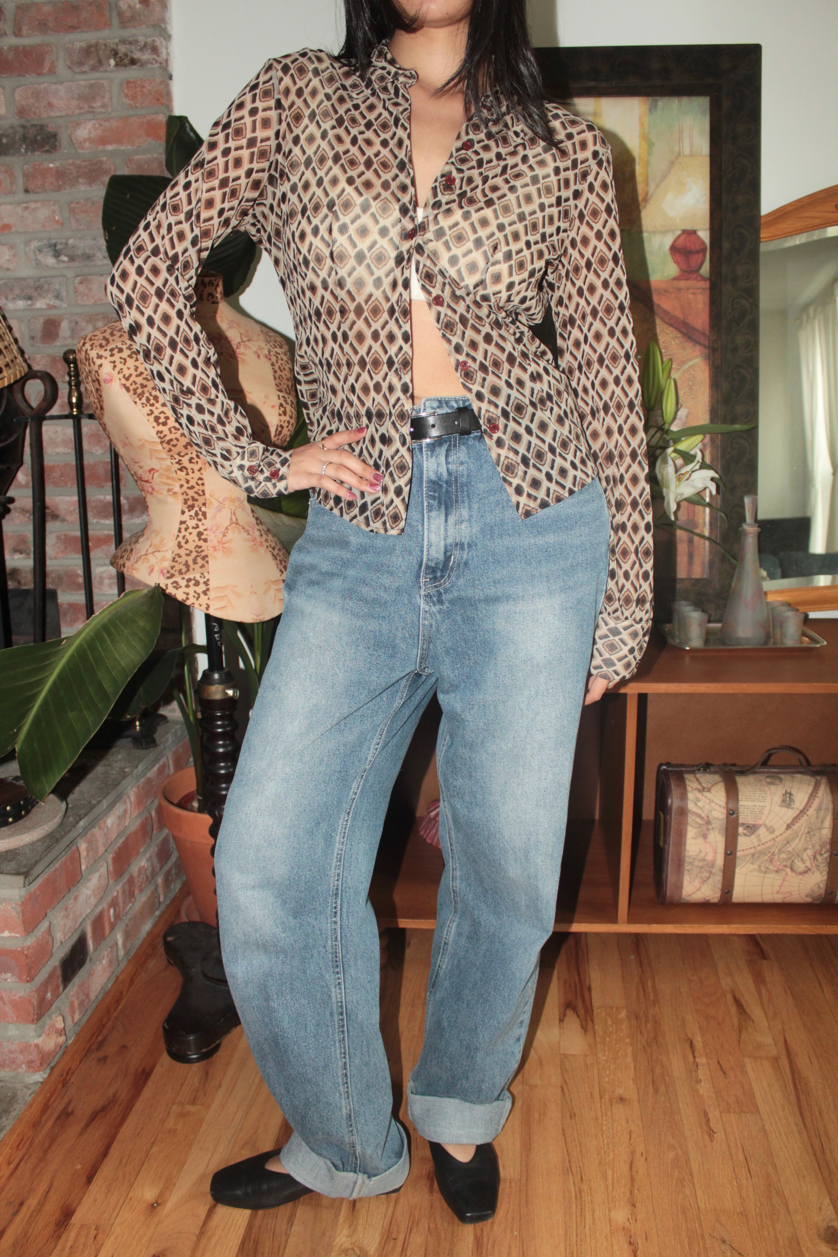 Vintage Mesh Geometric Long Sleeve Button-Up (M)