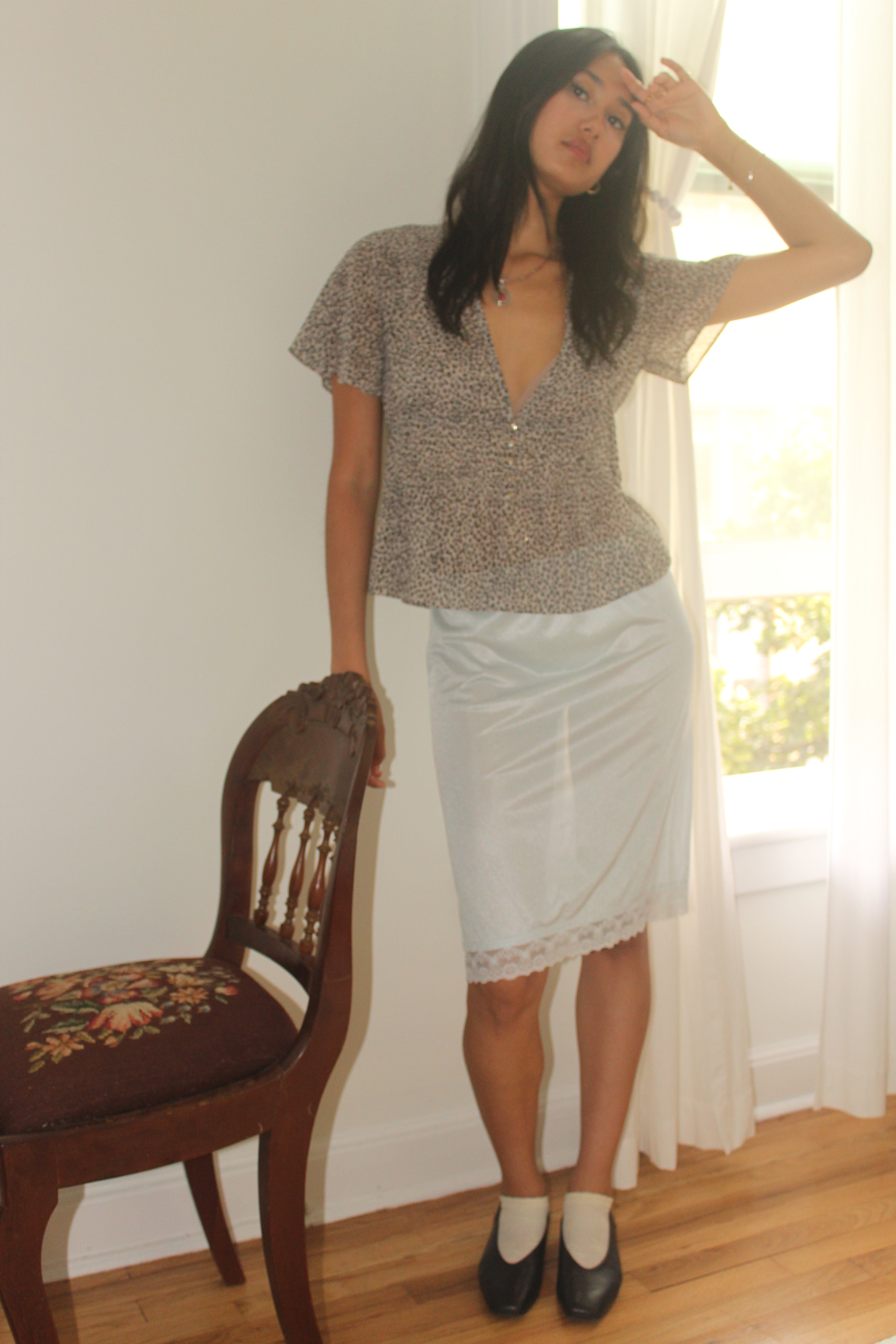 Vintage 80s Baby Blue Lace Trim Slip Skirt (S)