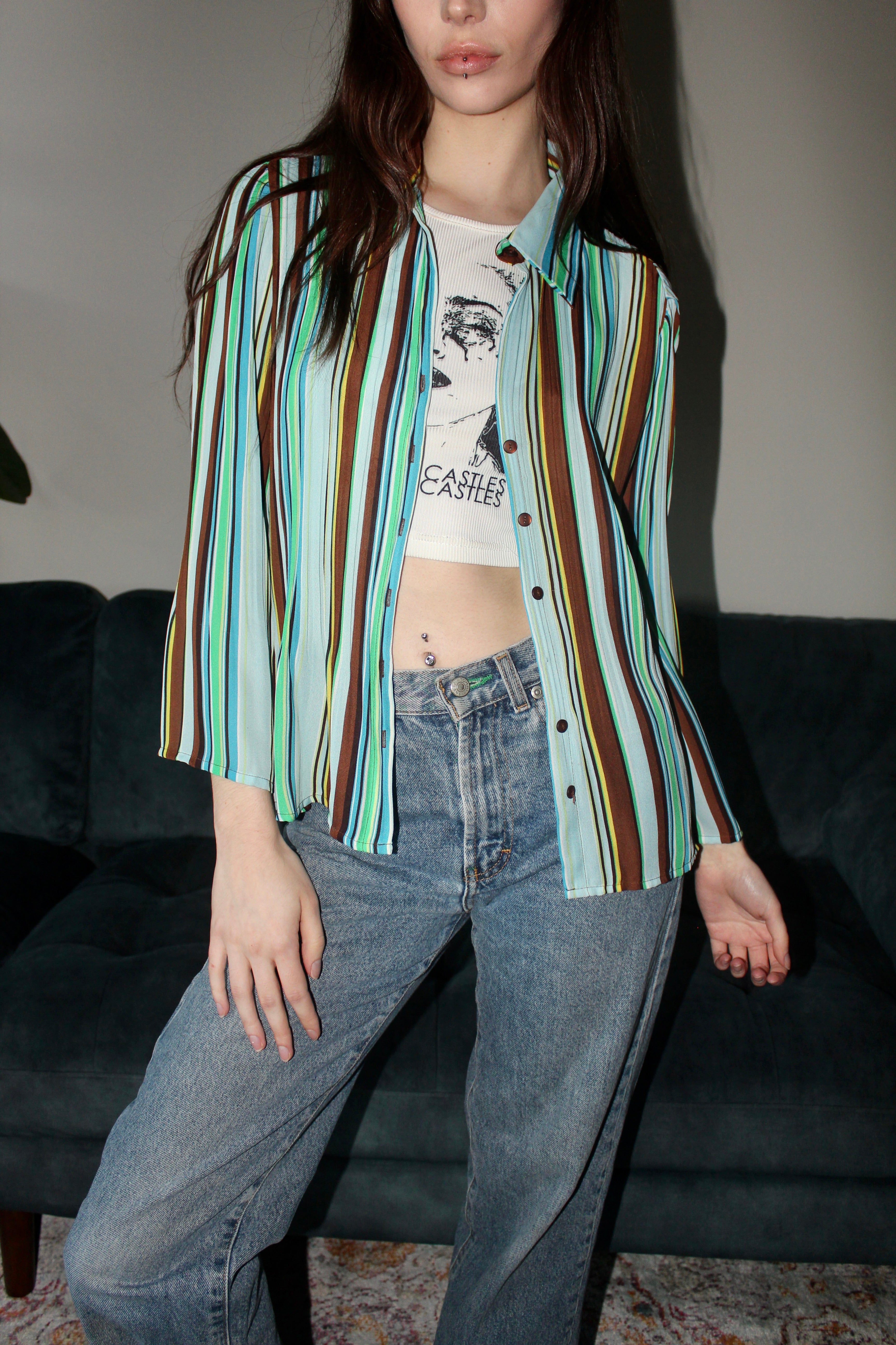 Vintage 00s Striped Pleated Blouse (M)
