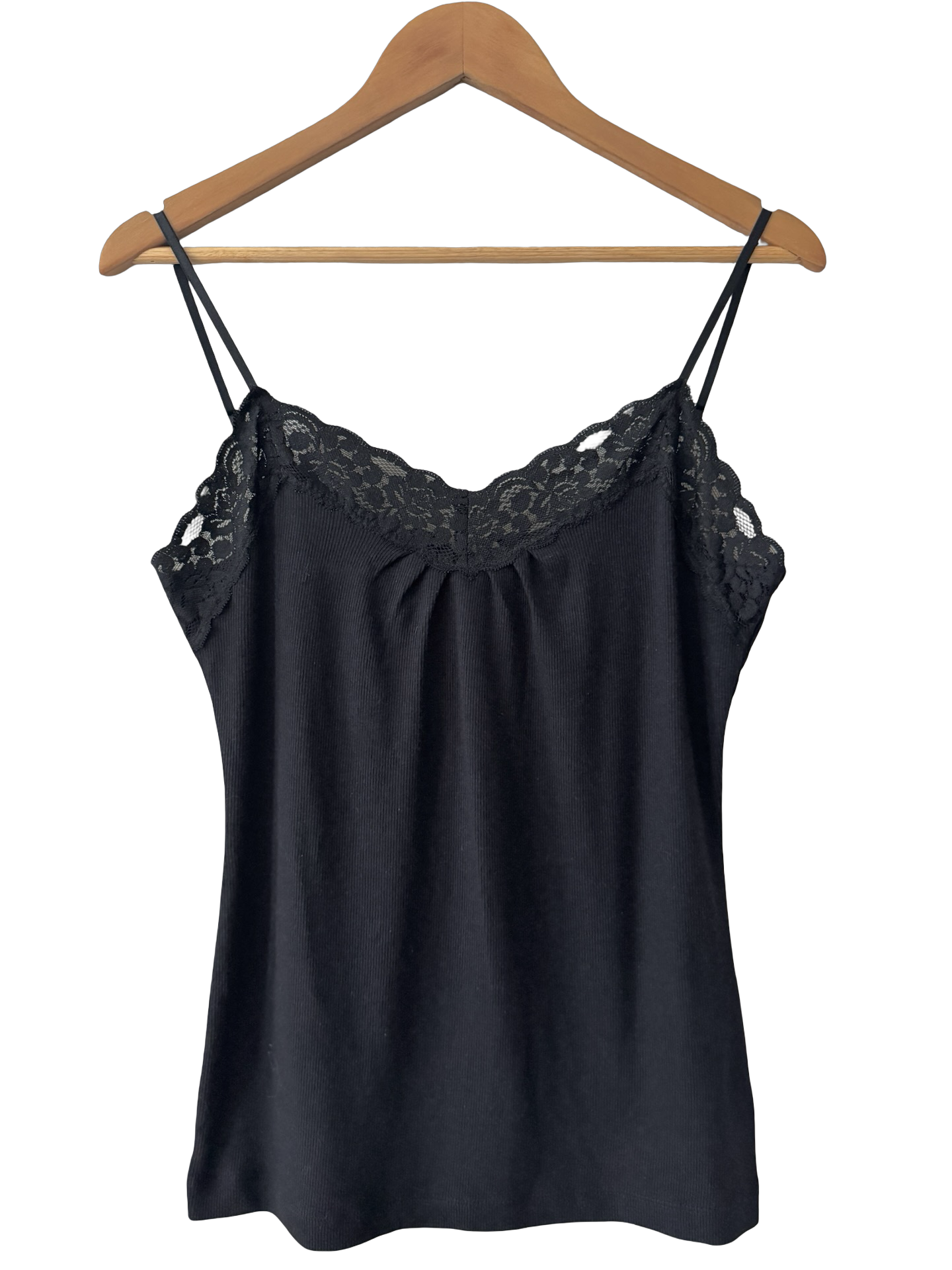 Vintage Y2K Black Lace Trim Ribbed Cami (L)