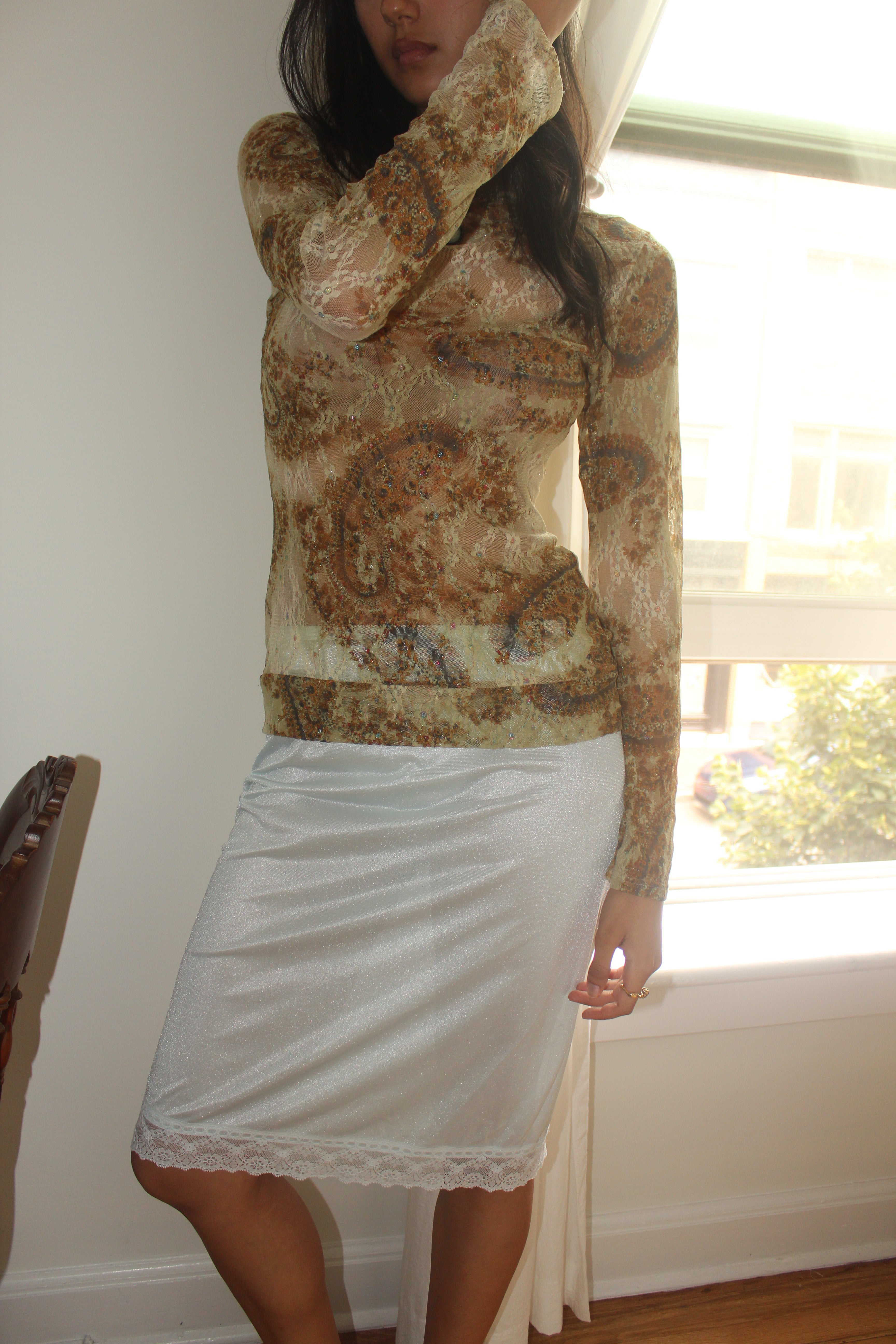 Vintage 90s Semi Sheer Gauzy Long Sleeve Top (M)