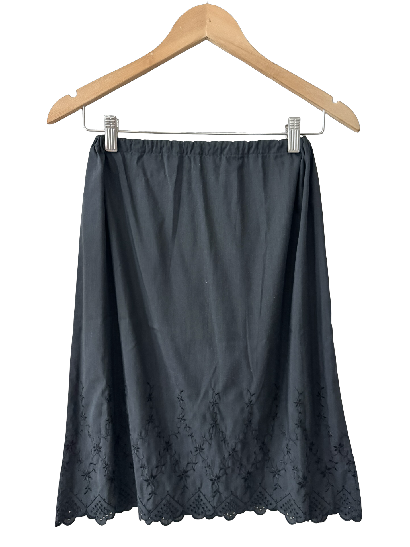 Vintage Black Embroidered Eyelet Cotton Midi Skirt (XS)