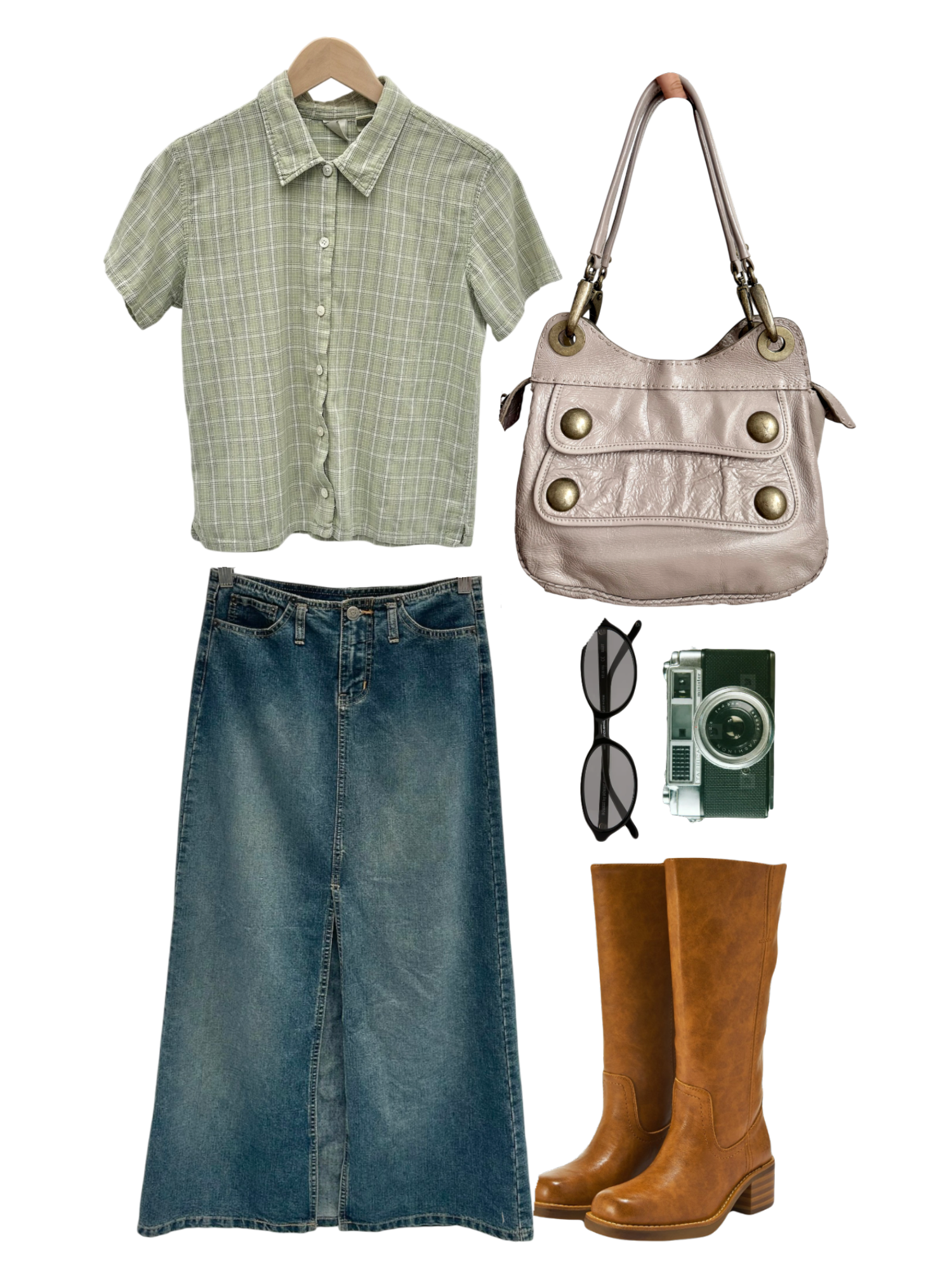 Vintage Y2K Sage Green Checkered Button-Up Top (M)