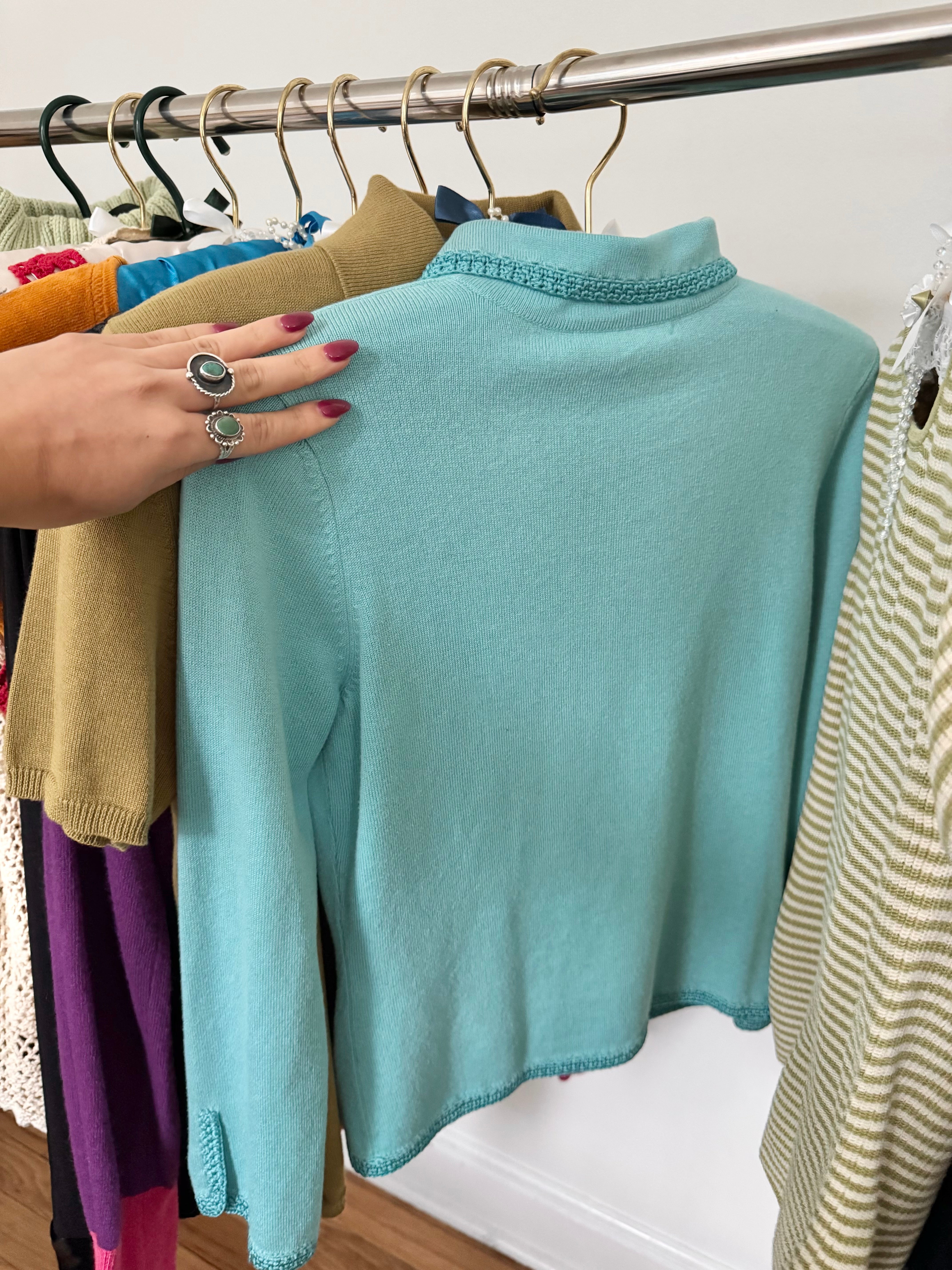 Vintage 90s Retro Silk Aqua Crochet Knit (XS)