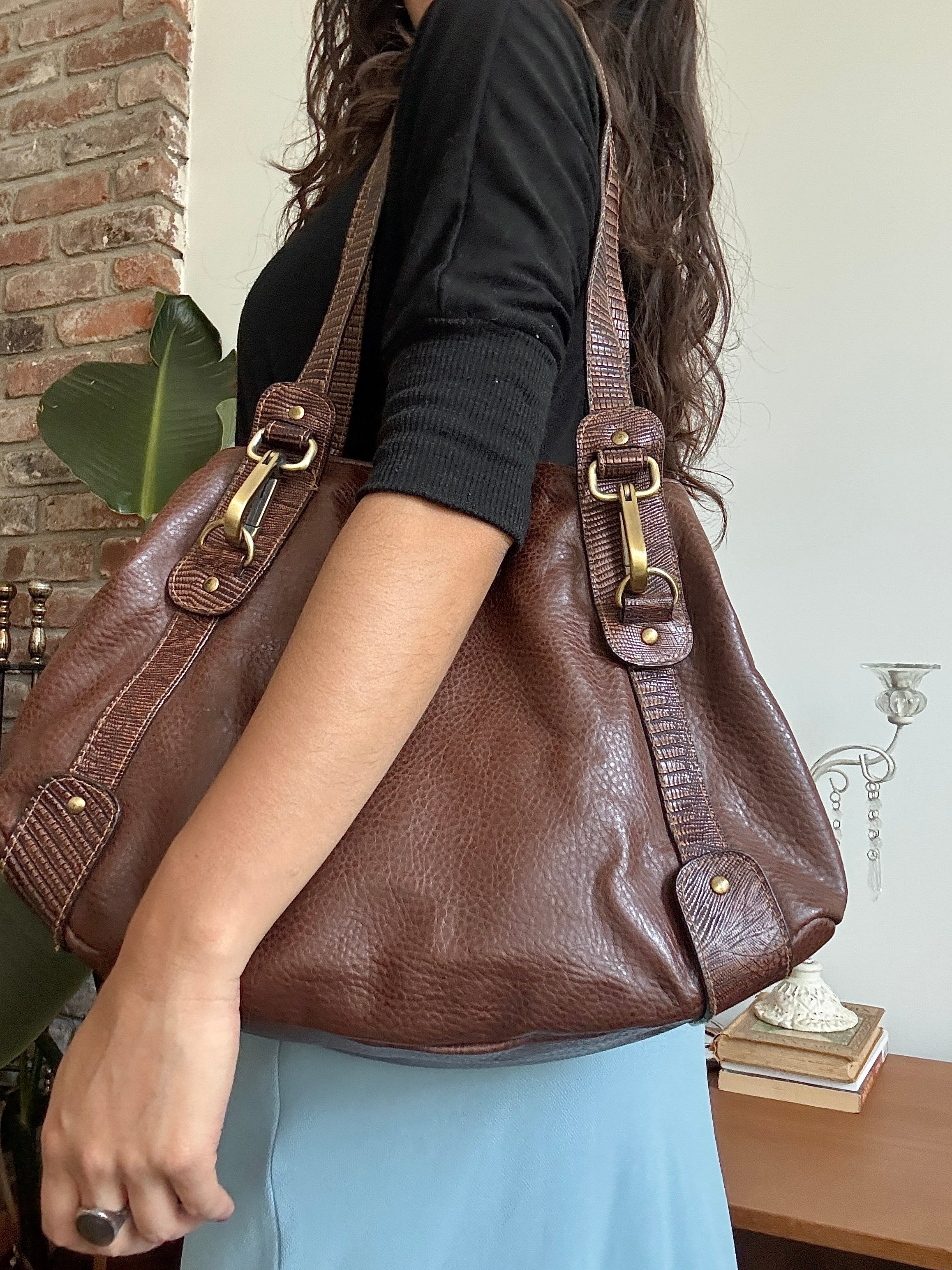 Vintage Y2K Chocolate Buckle-Up Slouch Tote