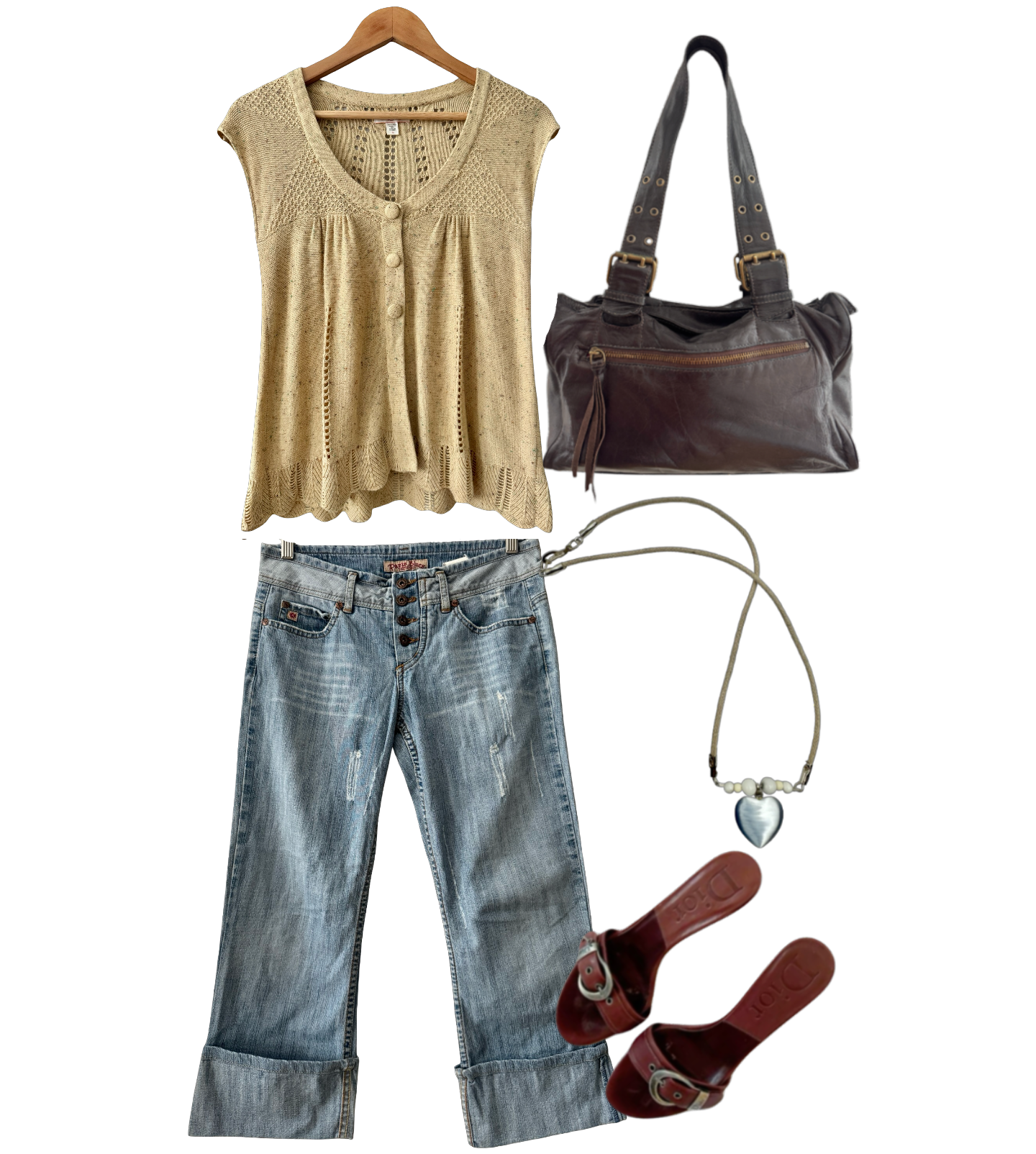 Vintage Y2K Lemon Oatmeal Open-Knit Button Top (M)