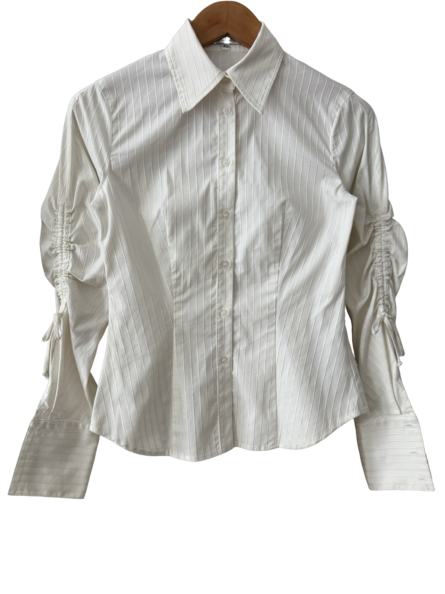 Vintage Y2K Ivory Ruched Sleeve Tie Button-Up (S)