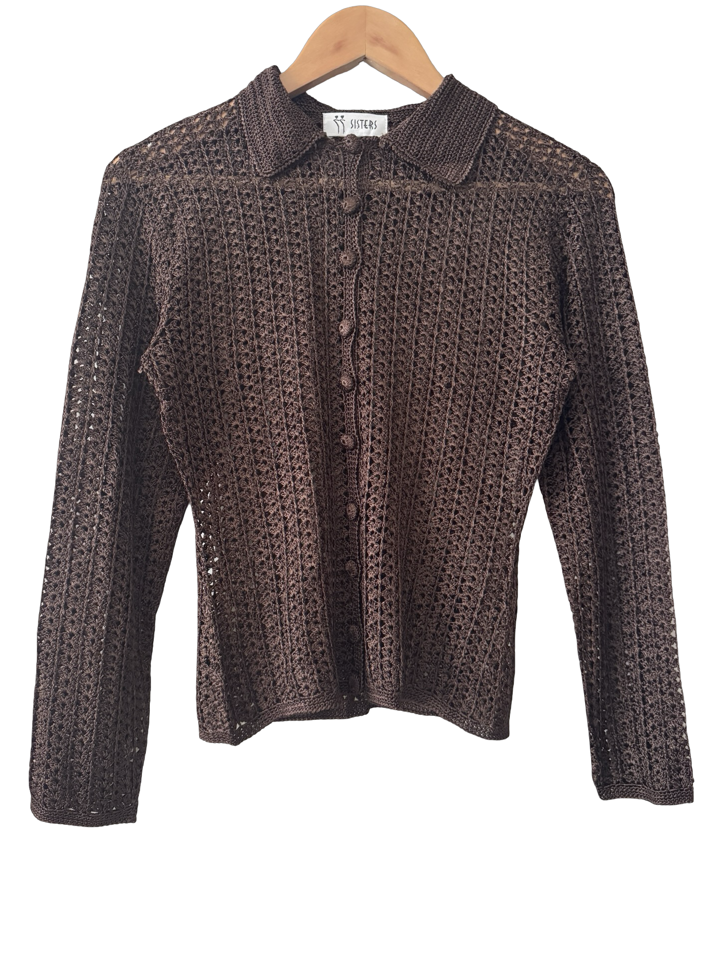 Vintage 90s Retro Chocolate Crochet Button Cardigan (M)