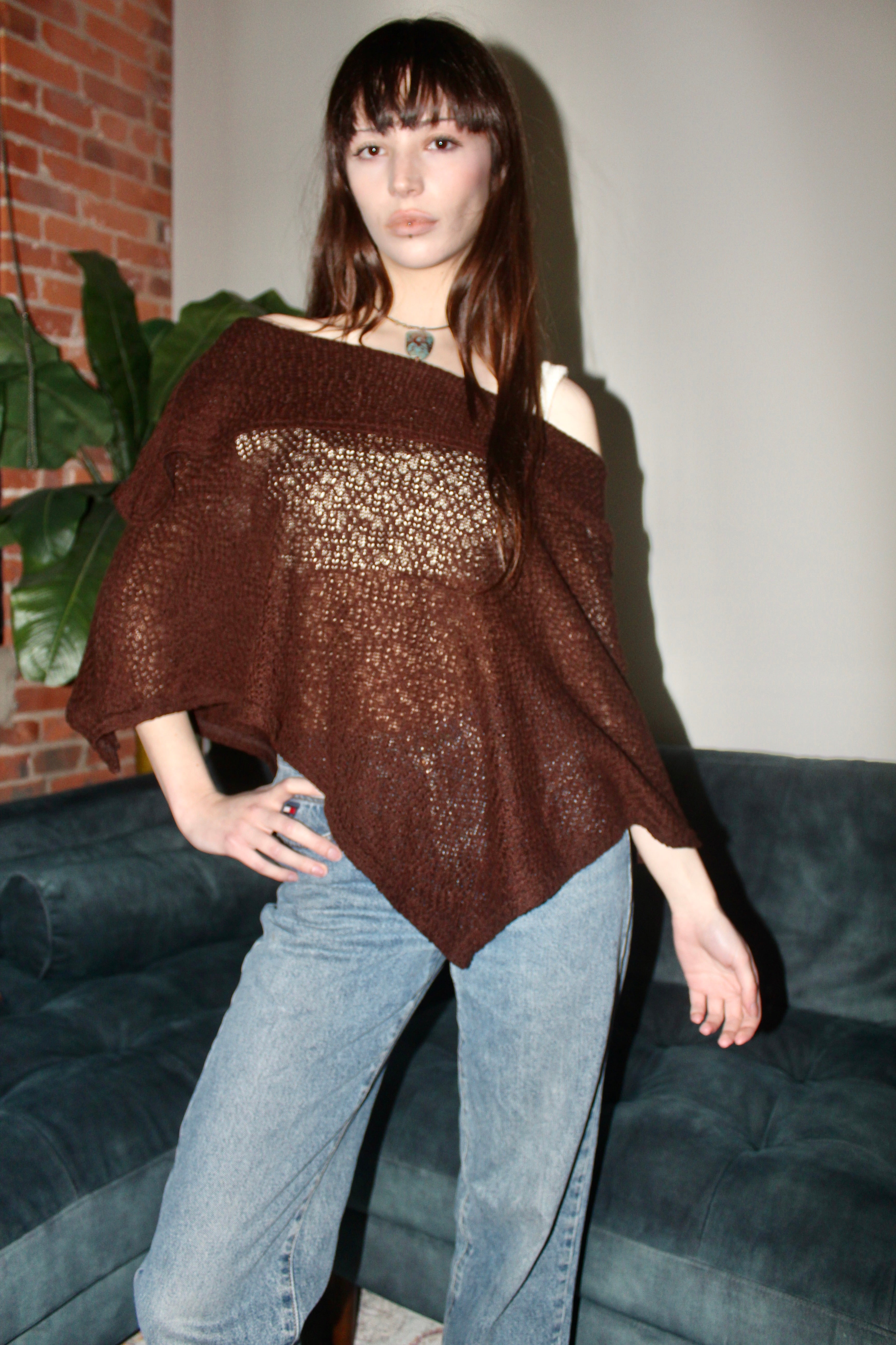 Vintage 90s Sheer Chocolate Poncho Knit (One size)