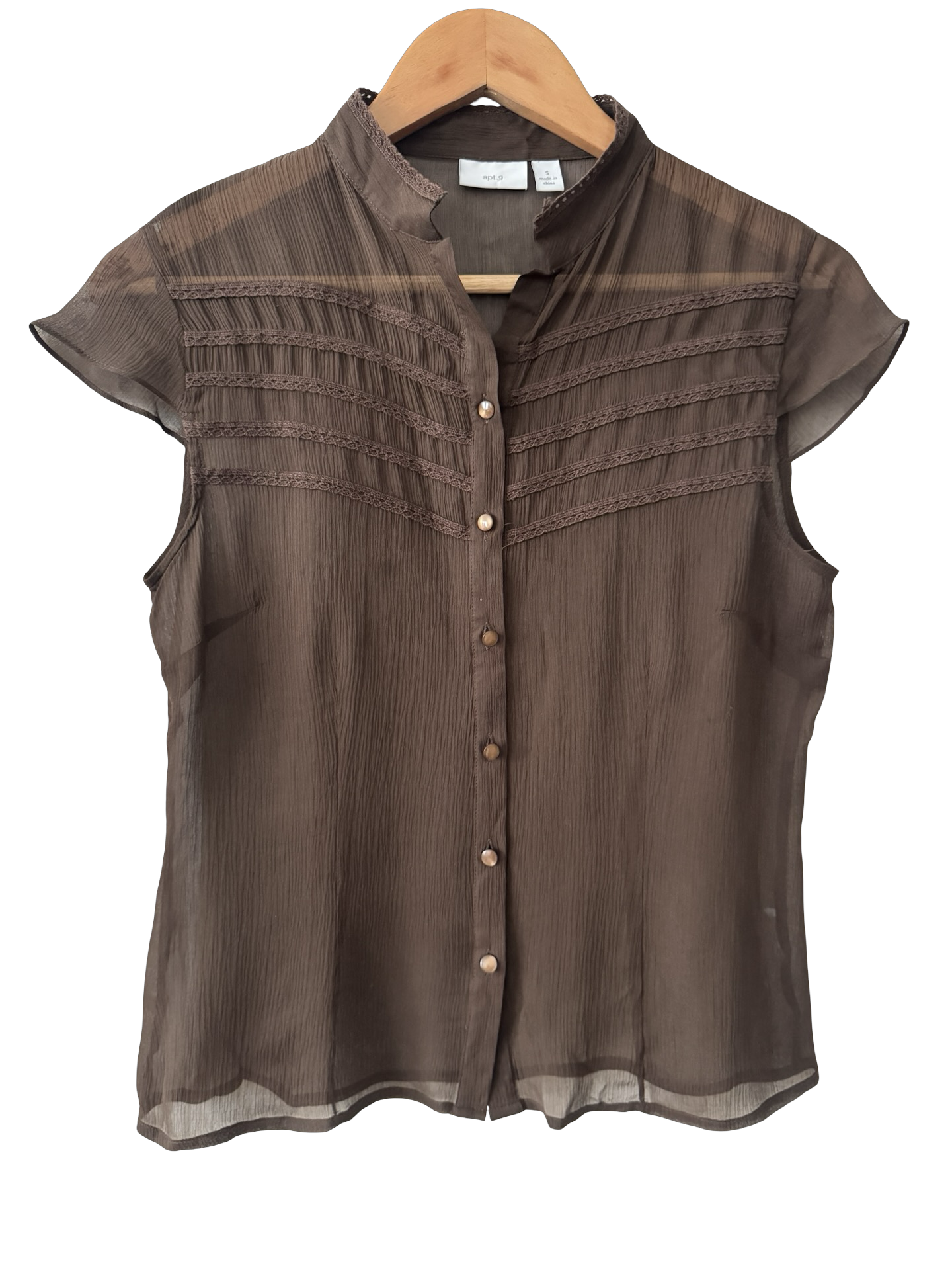 Vintage Y2K Espresso Pintuck Sheer Blouse (S/M)
