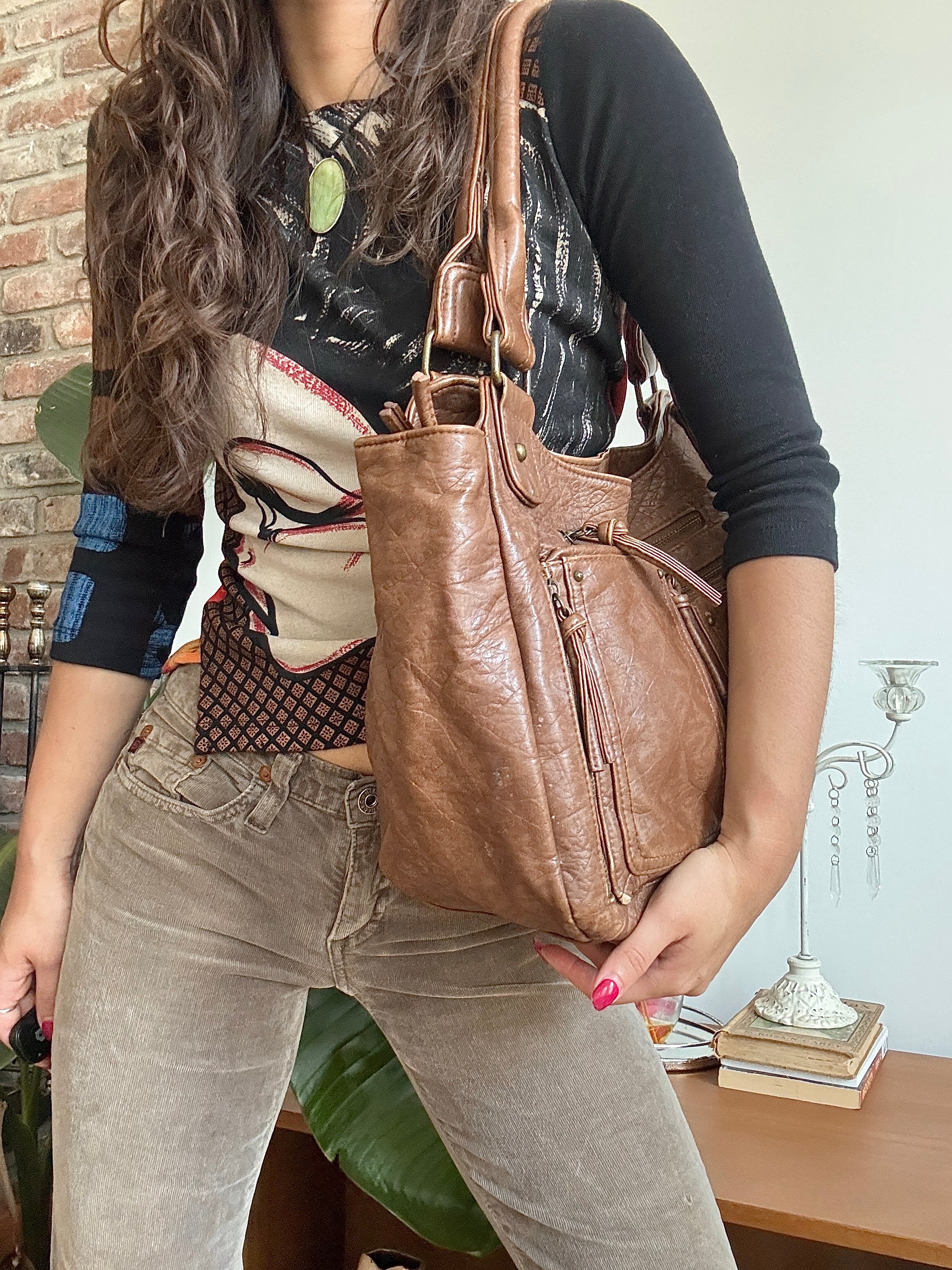 Vintage Y2K Cognac Biker Shoulder Bag