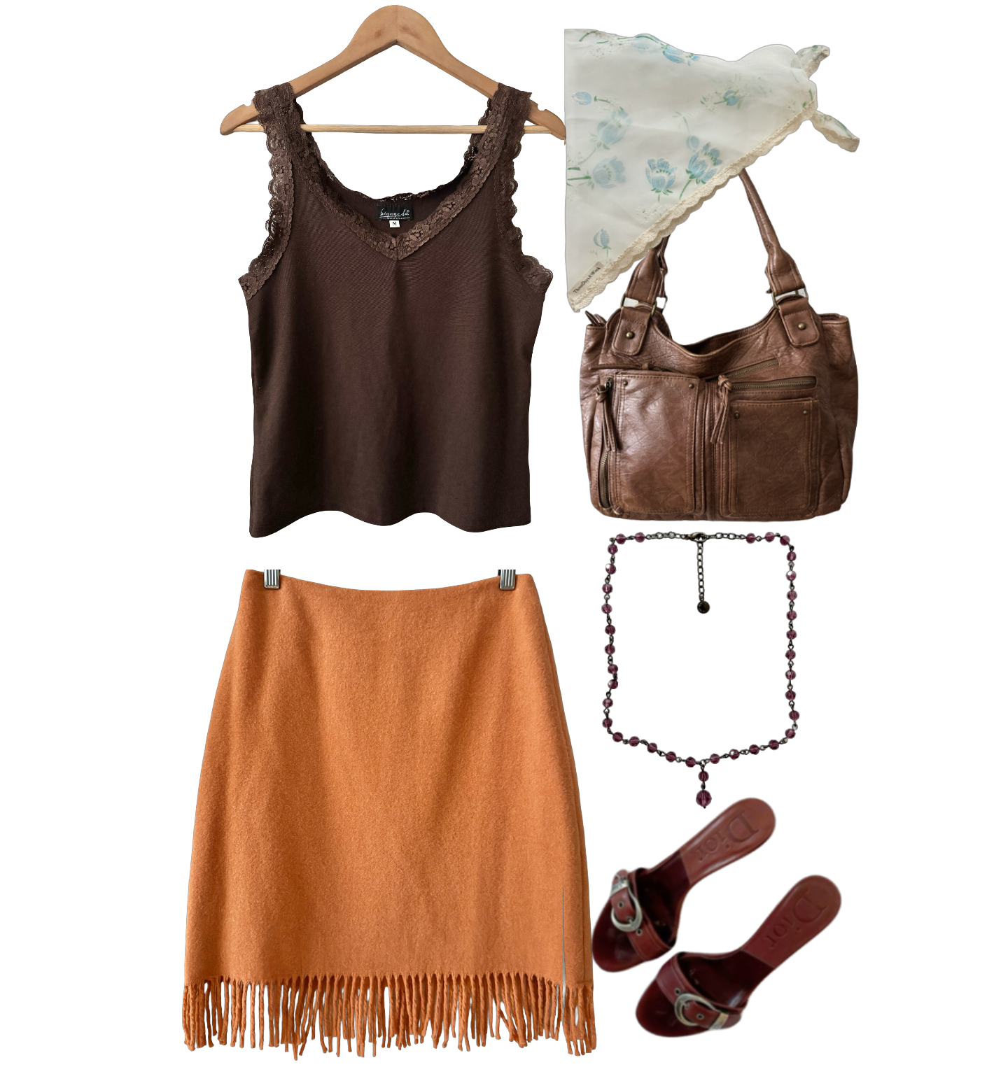 Vintage Y2K Mocha Lace Trim Tank (M)