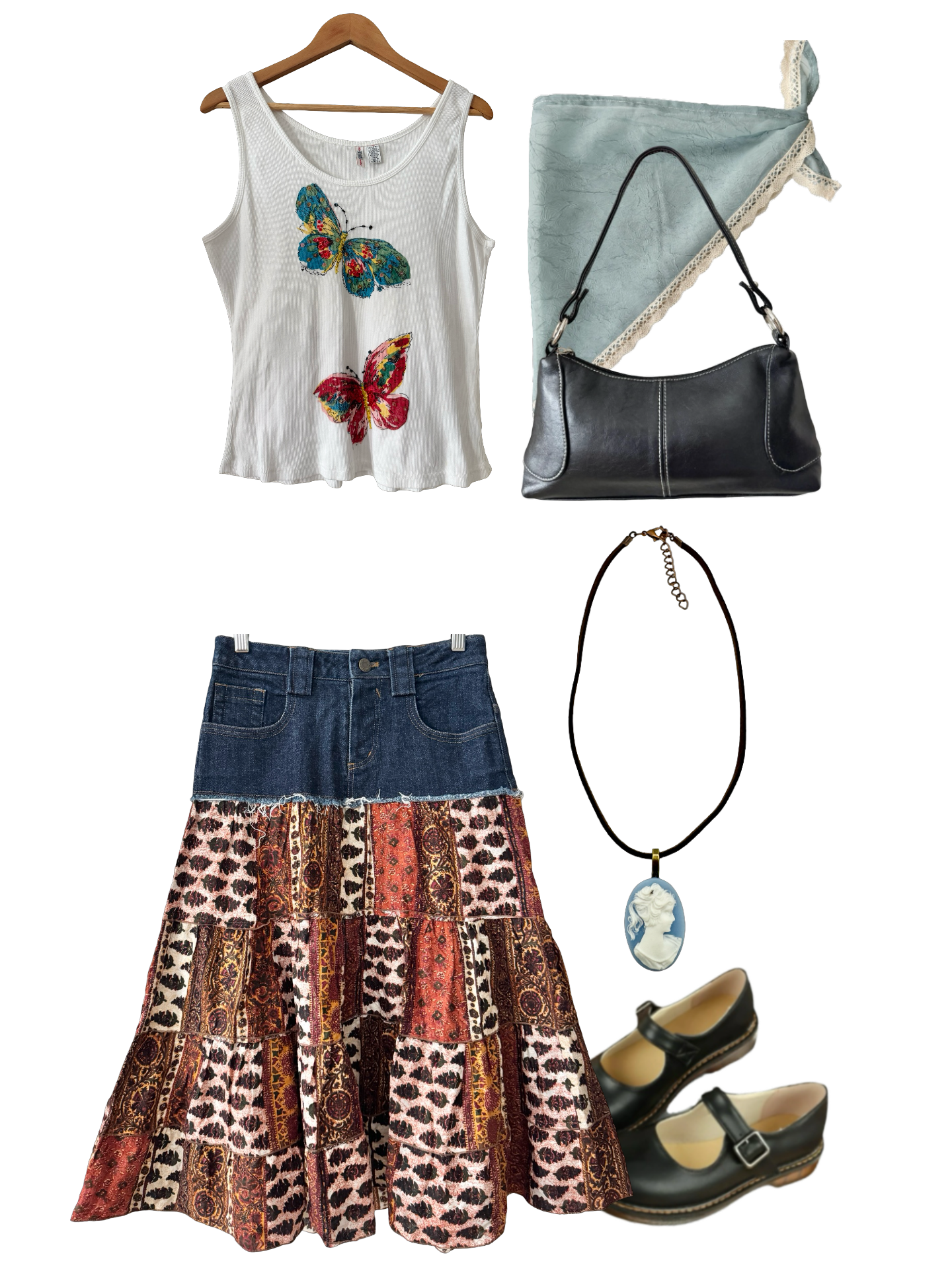 Vintage Y2K Patchwork Denim Midi Skirt (XS)