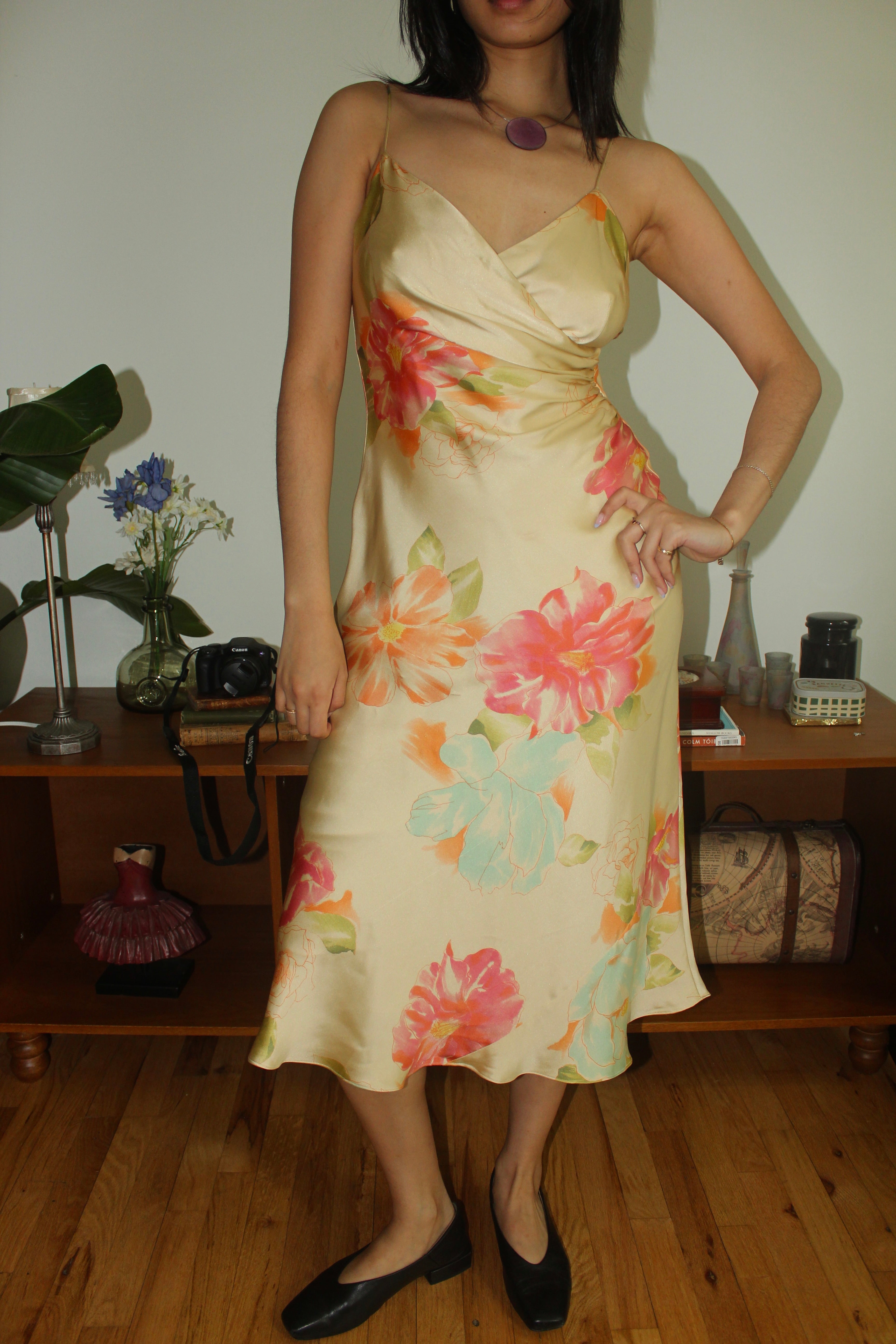 Vintage Y2Ks Golden Hour Floral Silk Slip Dress (M)